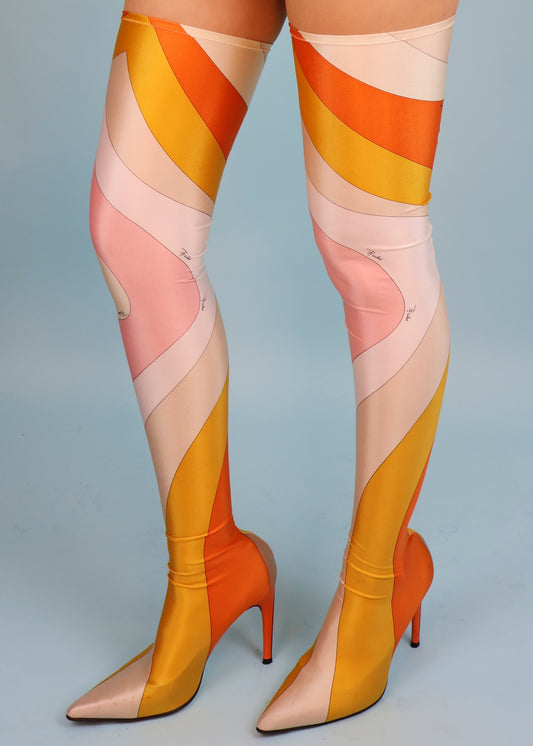 Emilio Pucci Orange & Pink Printed Sock Thigh High Boots