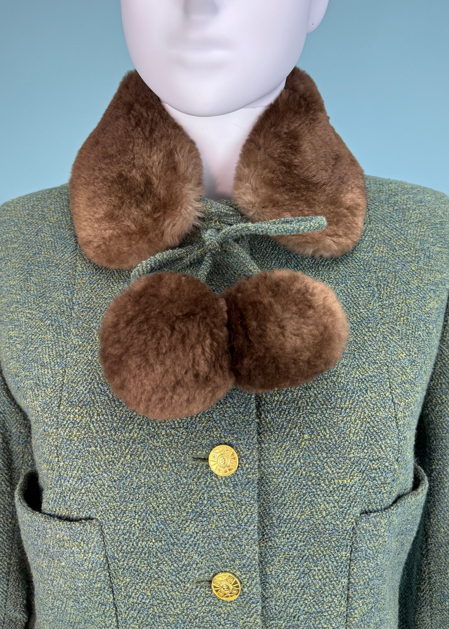 Chanel Fall 1989 Runway Green Boucle Fur Pom Trim Jacket & Skirt Suit Set