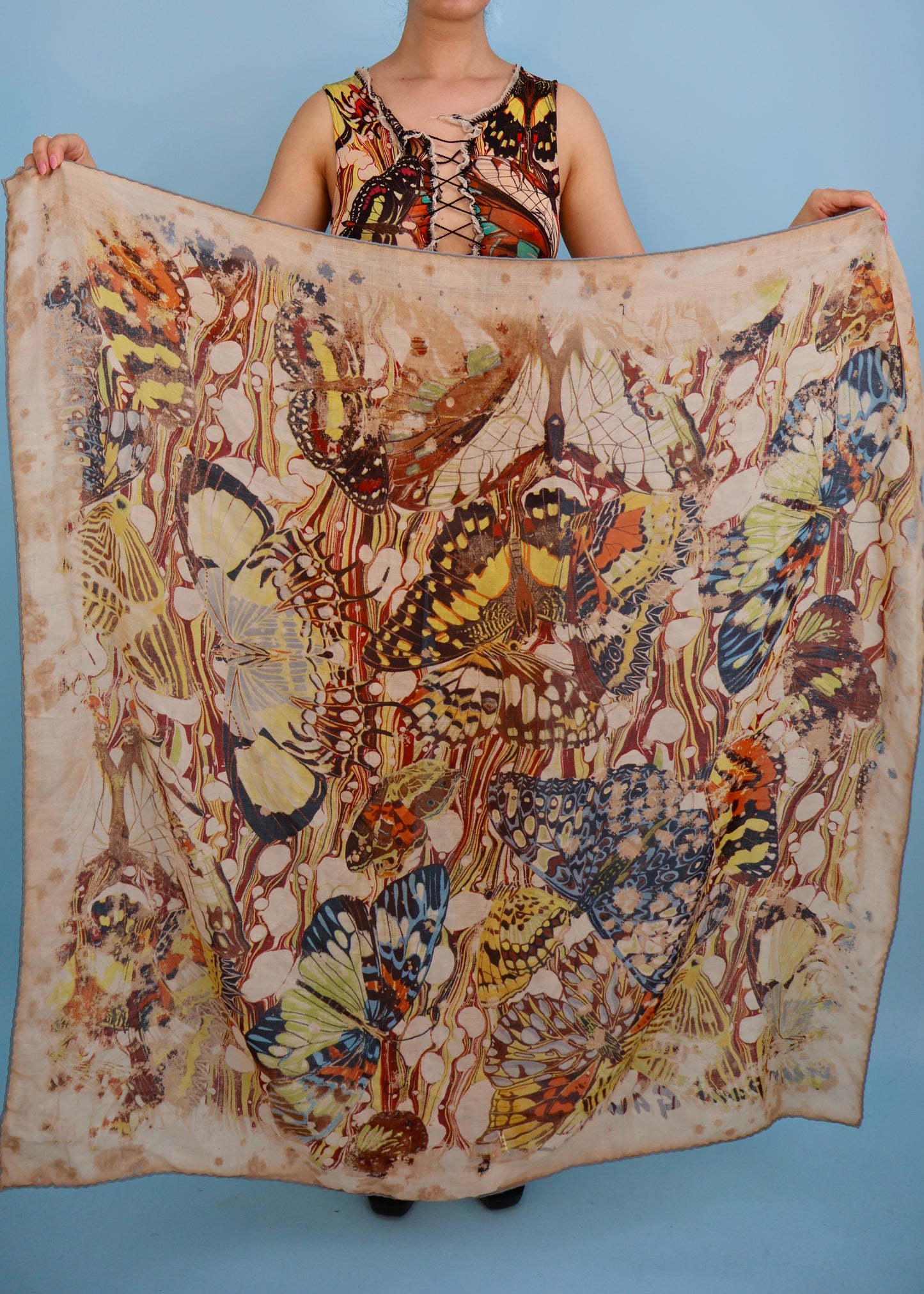 Jean Paul Gaultier Spring 2003 Butterfly Print Lace Up Top & Scarf Set