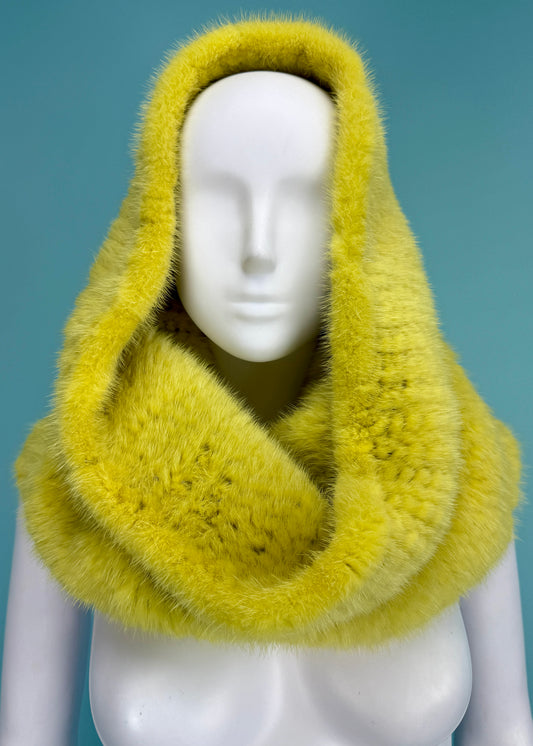 Yellow Mink Fur Snood Scarf Hood