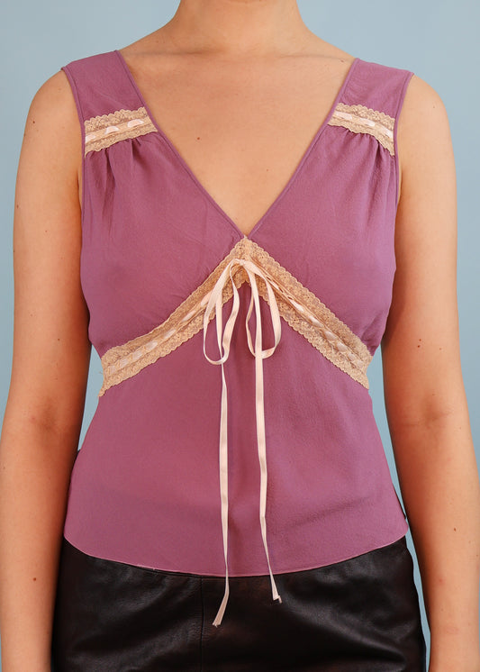 John Galliano Fall 2001 Purple Silk Chiffon & Lace Camisole Top