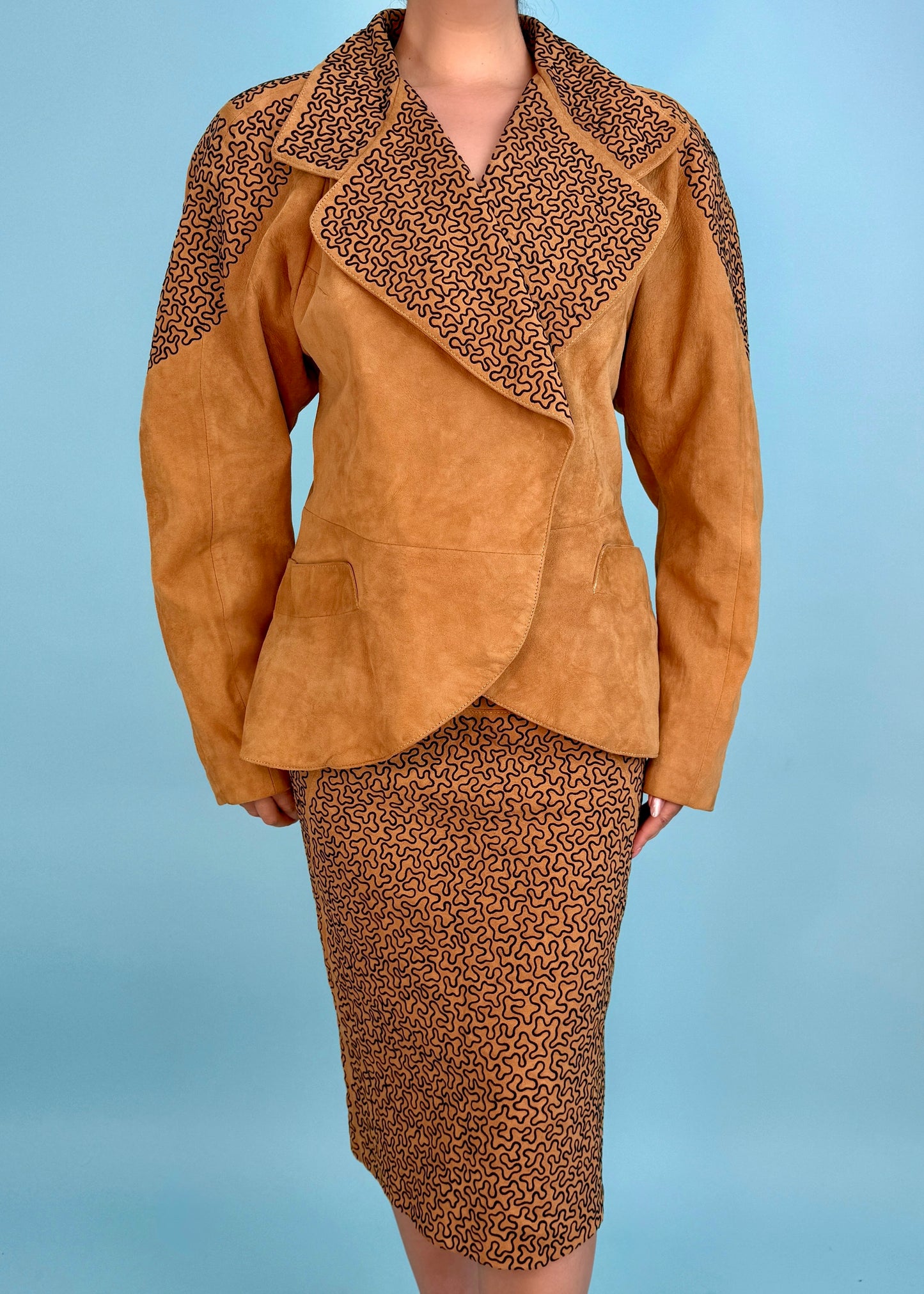 Jean Claude Jitrois 1987 Brown Suede Leather Squiggle Jacket & Skirt Set