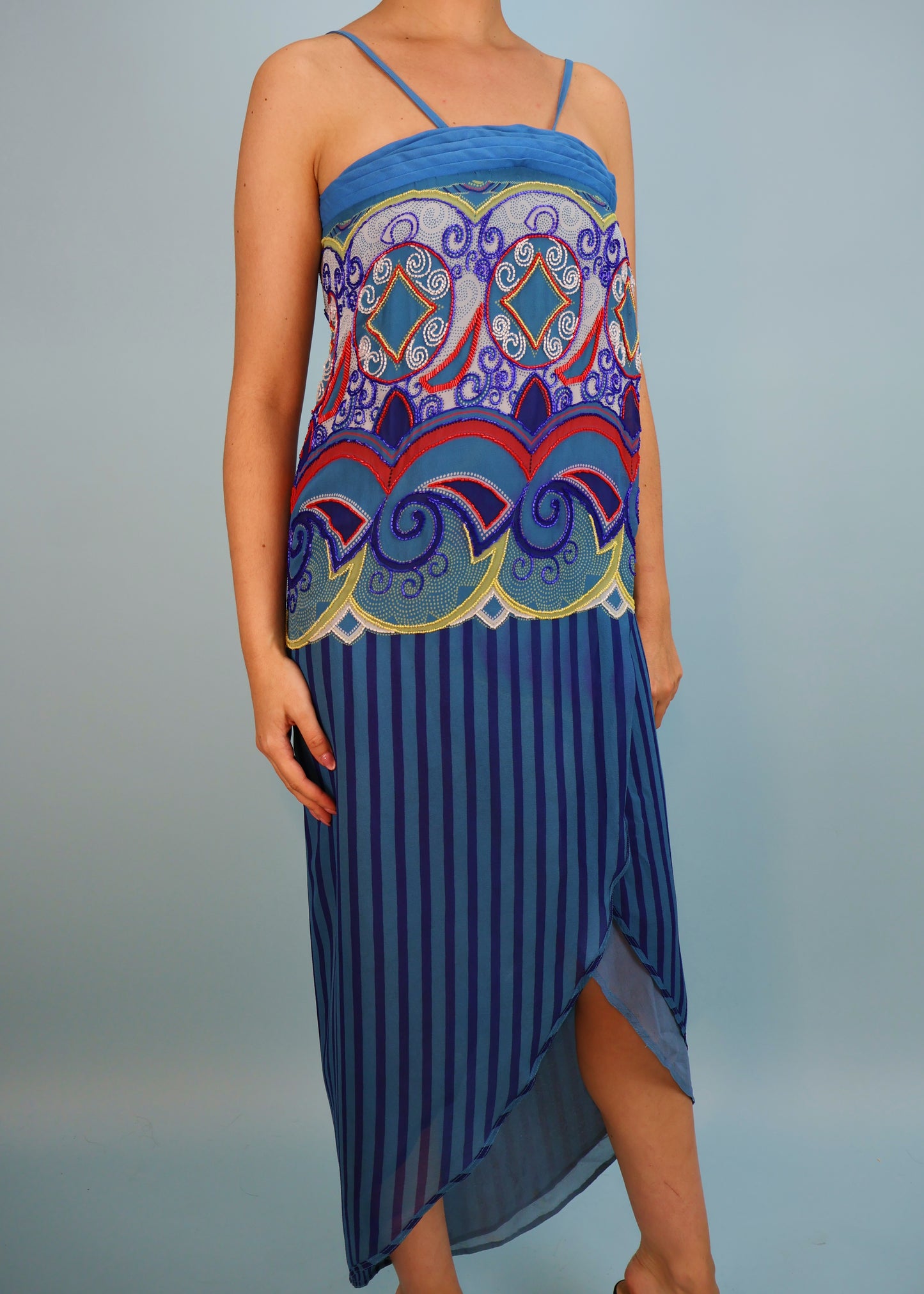 Versace Spring 1982 Runway Blue Embellished Striped Silk Chiffon Dress