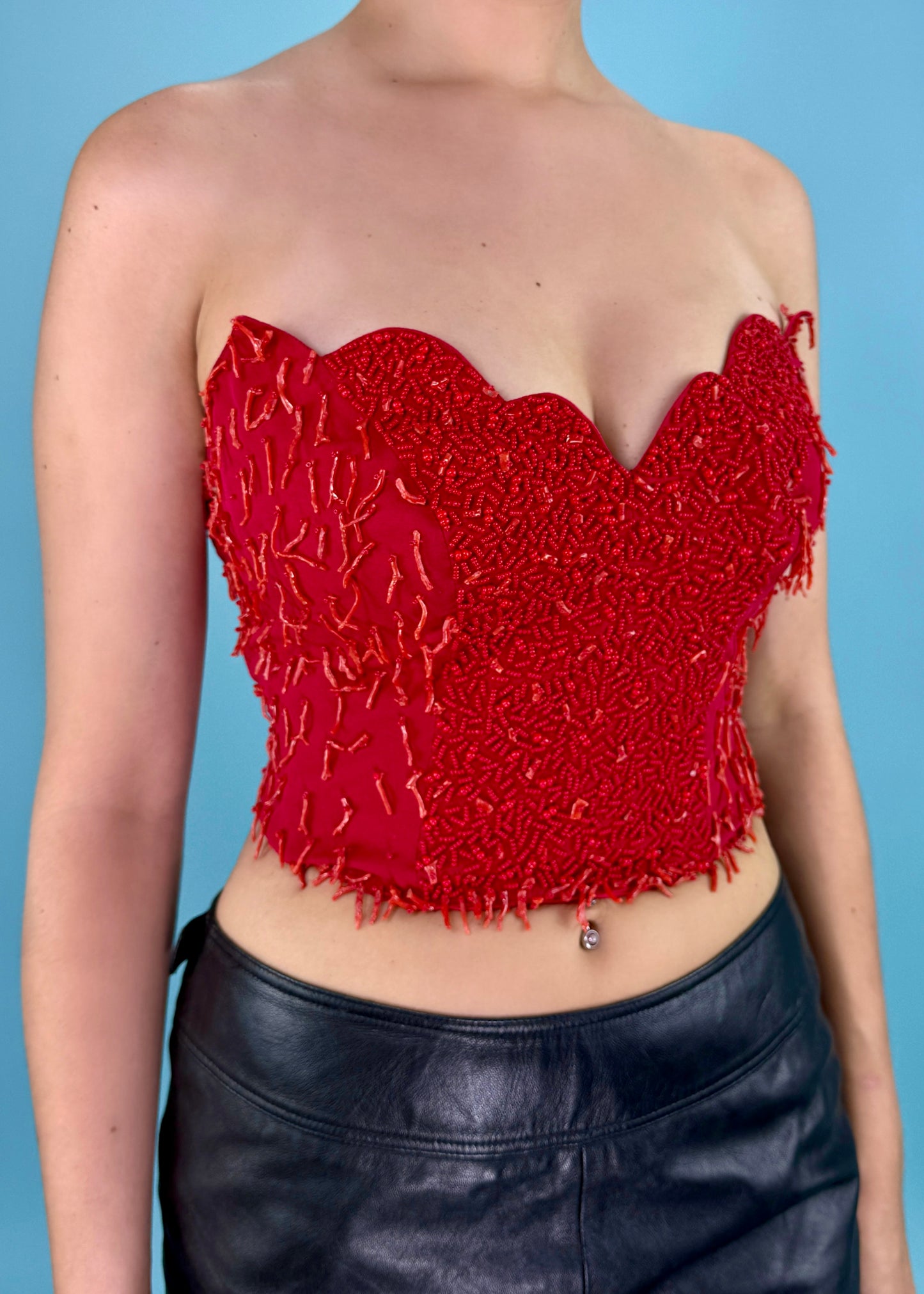 Blumarine Spring 1990 Red Coral Embellished Corset Top