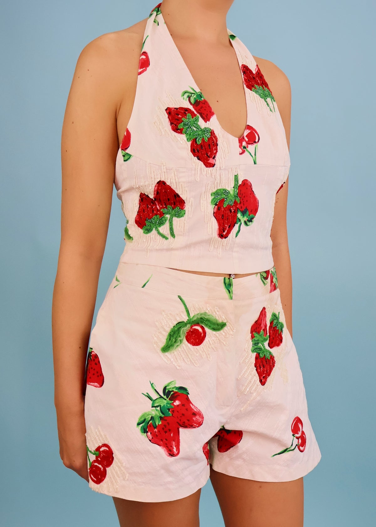 Blumarine Strawberry & Cherry Print Embellished Halter Top & Shorts Set