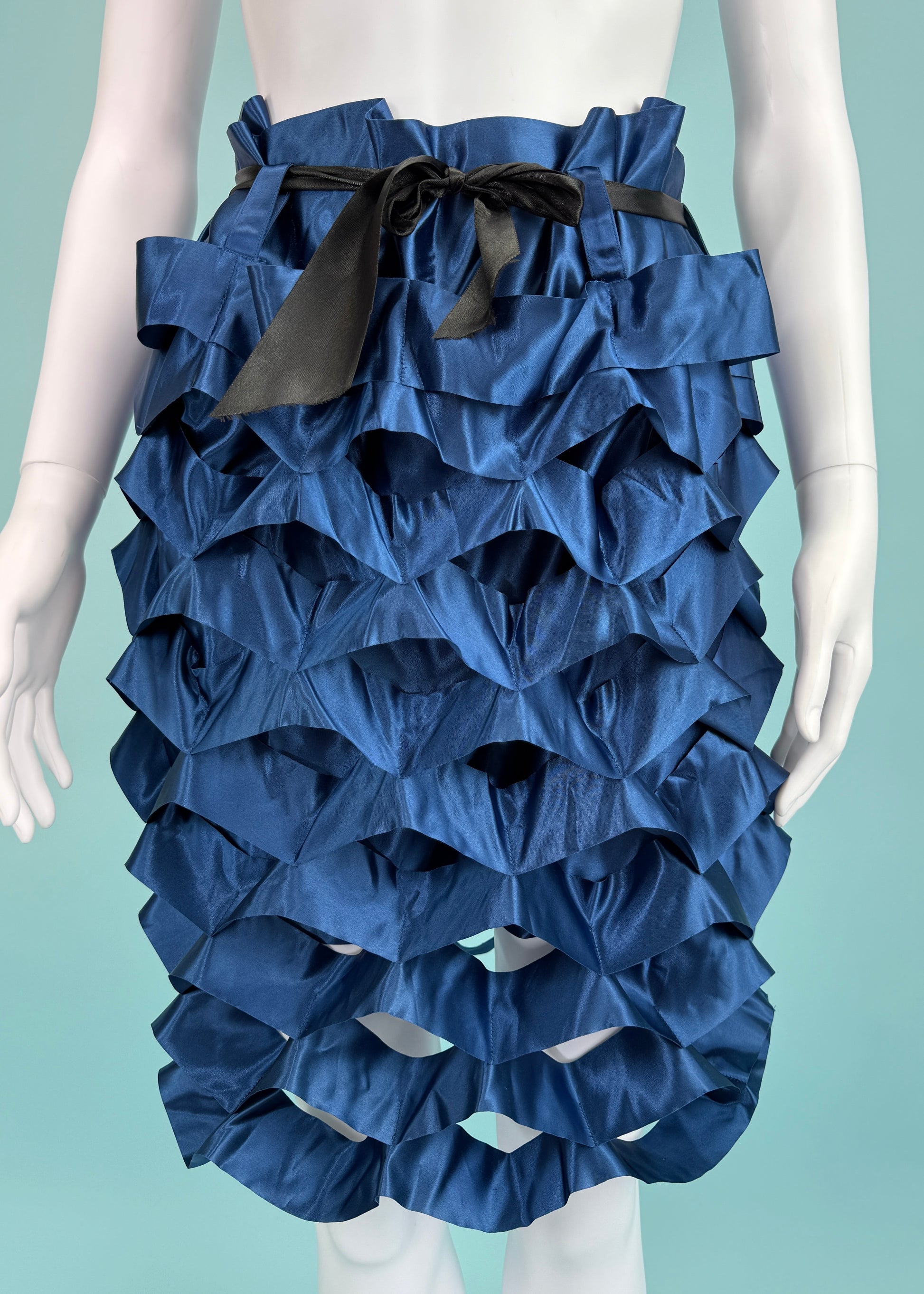 Issey Miyake Spring 1991 Runway Blue Satin Ribbon Accordion Skirt Studded Petals Vintage Issey Miyake Spring 1991 Runway Blue Satin Ribbon Accordion Skirt Studded Petals Vintage
