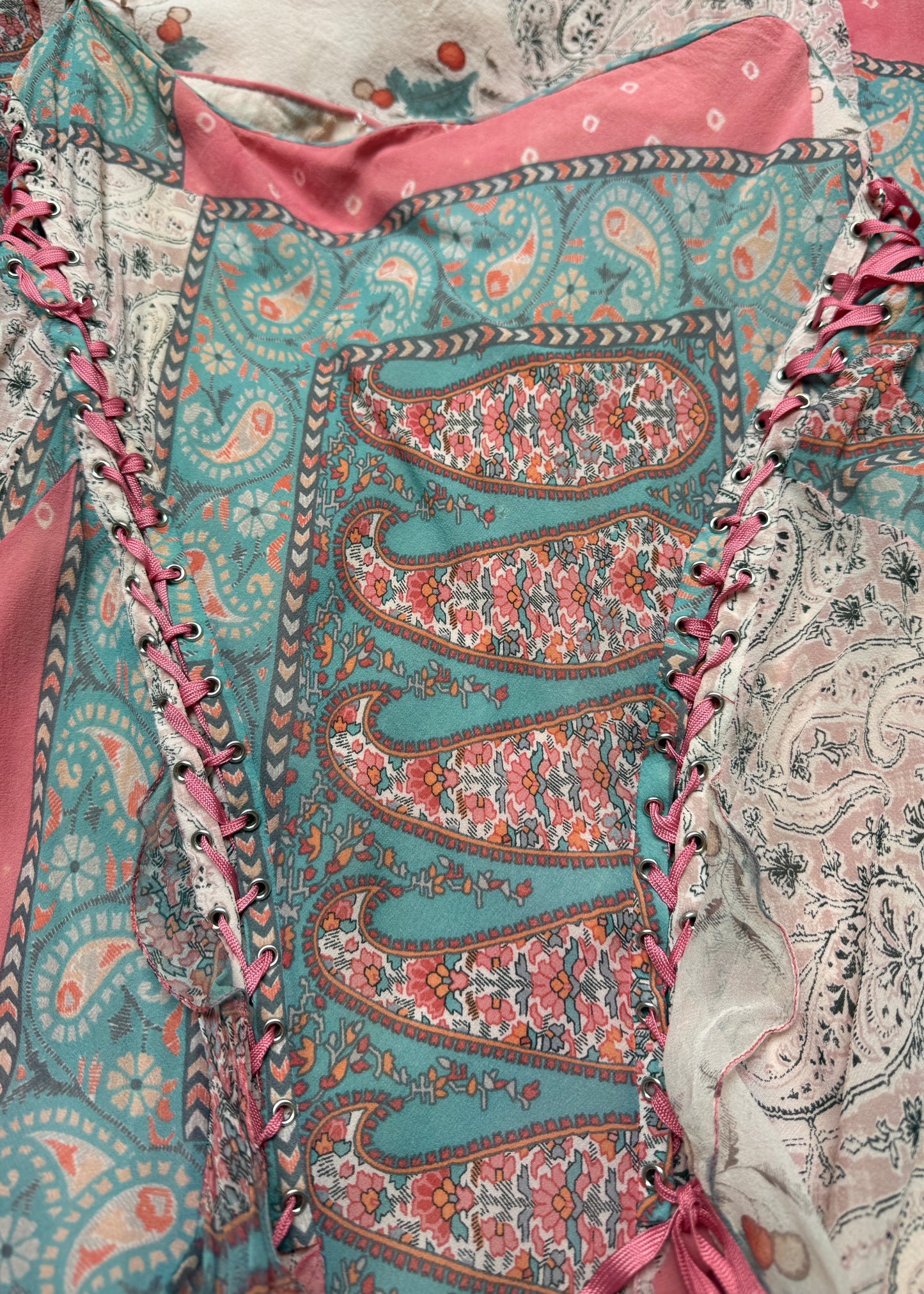 Dior Spring 2004 Silk Chiffon Paisley Print Lace Up Skirt & Top Set