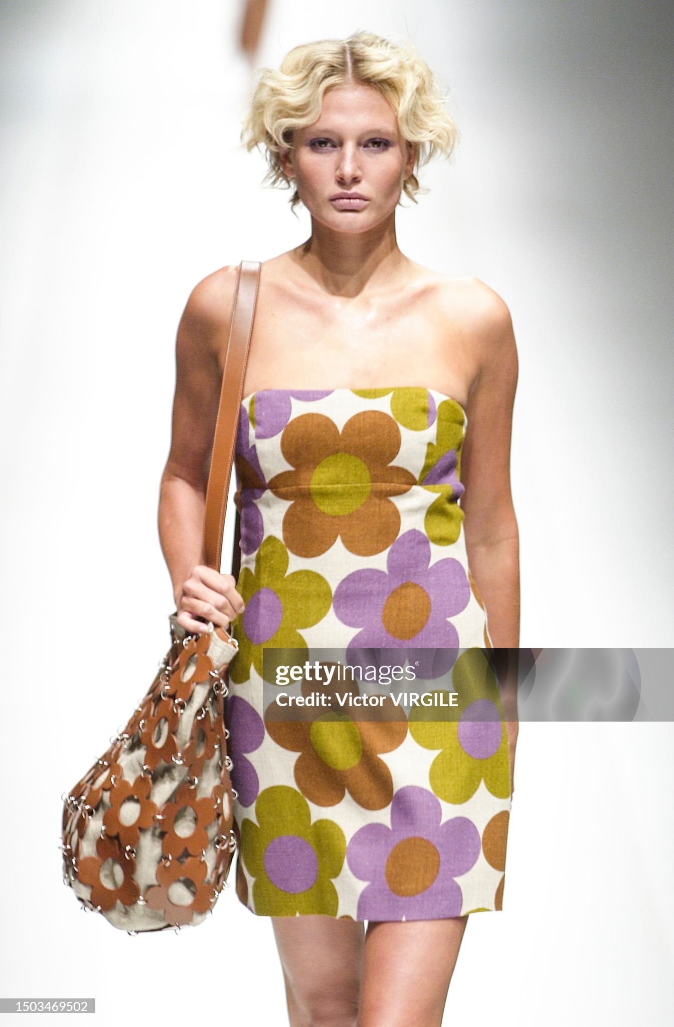 Celine Spring 2002 Runway Floral Linen Corseted Strapless Dress