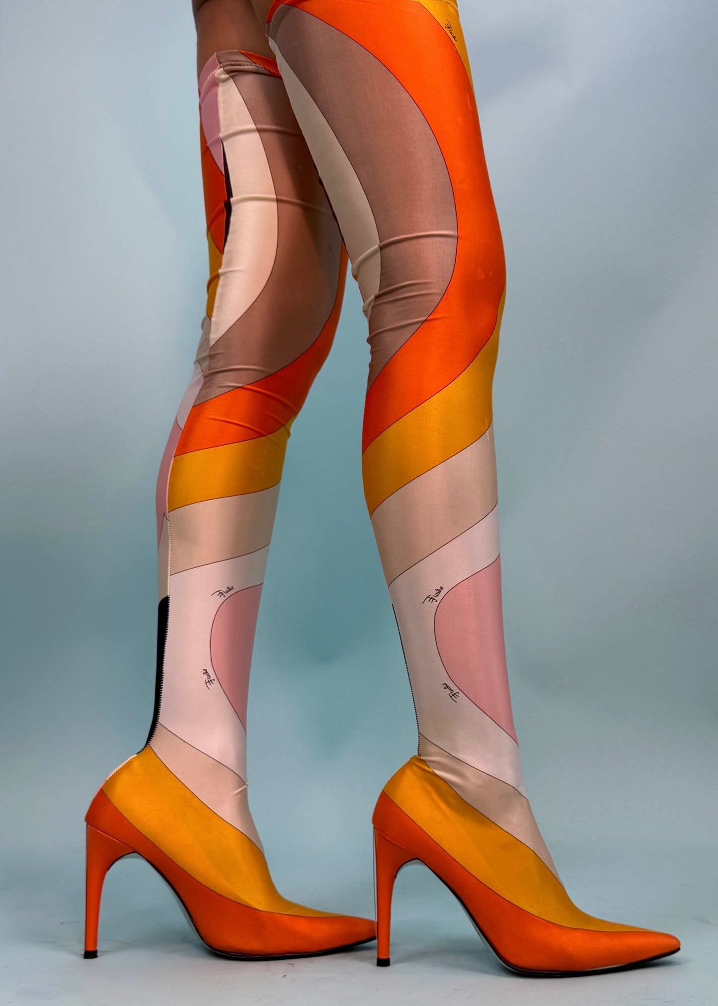 Emilio Pucci Orange & Pink Printed Sock Thigh High Boots