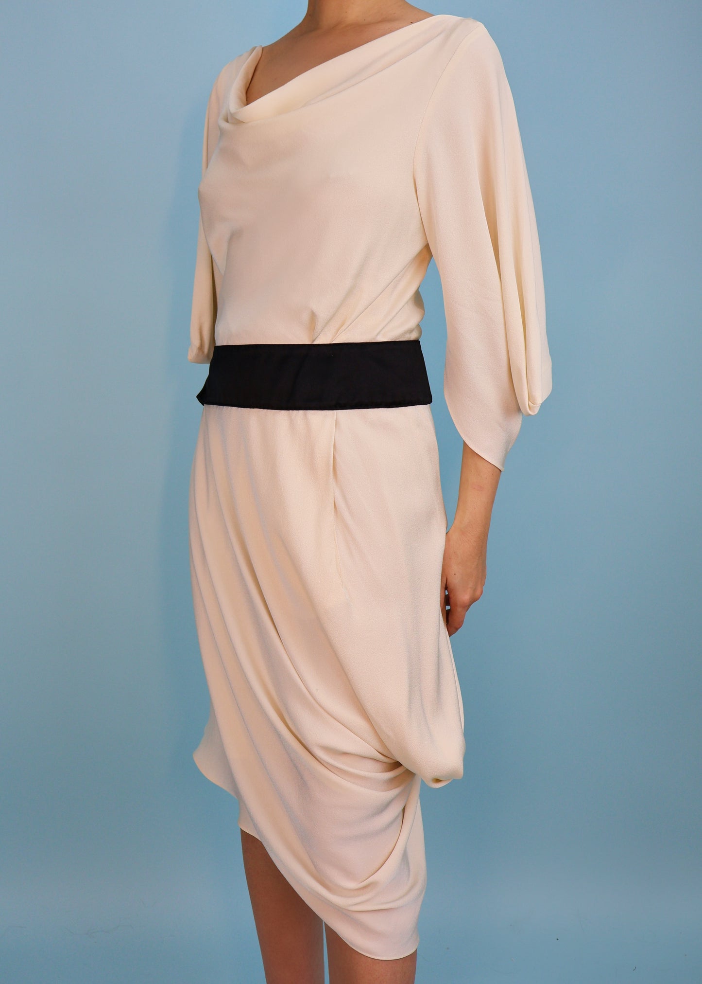 Alexander McQueen Fall 2007 Ivory & Black Asymmetric Draped Silk Dress