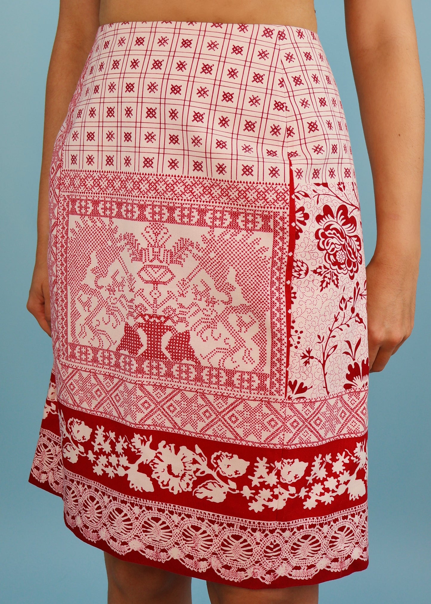 John Galliano Spring 1997 White & Red Cross Stitch Print Skirt