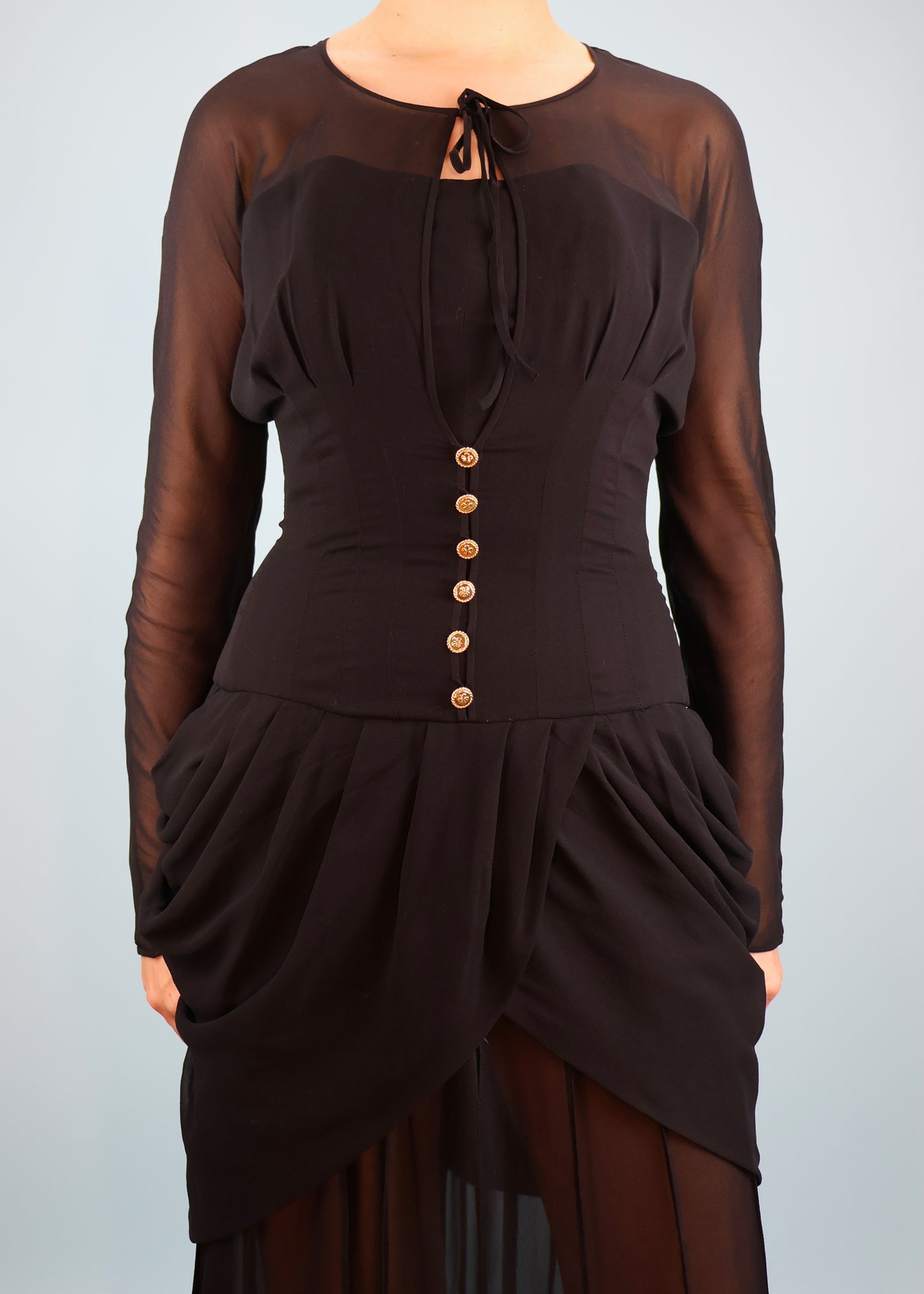 Chanel Fall 1989 Runway Black Silk Chiffon Corseted Draped Gown