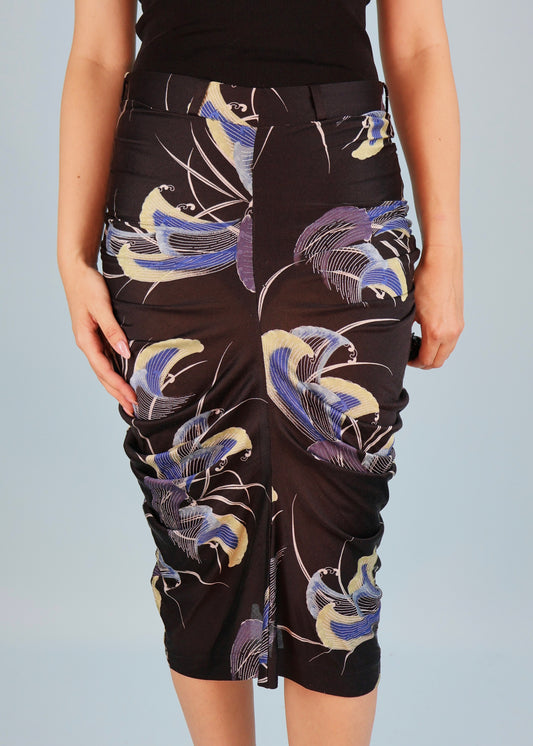 Dior Fall 2003 Prototype Black & Blue Floral Ruched Midi Skirt