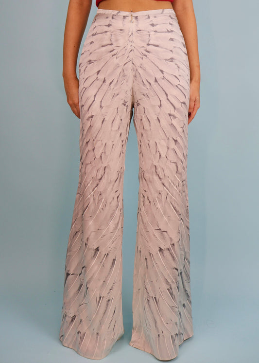 Roberto Cavalli Spring 1999 Feather Print Silk Palazzo Pants