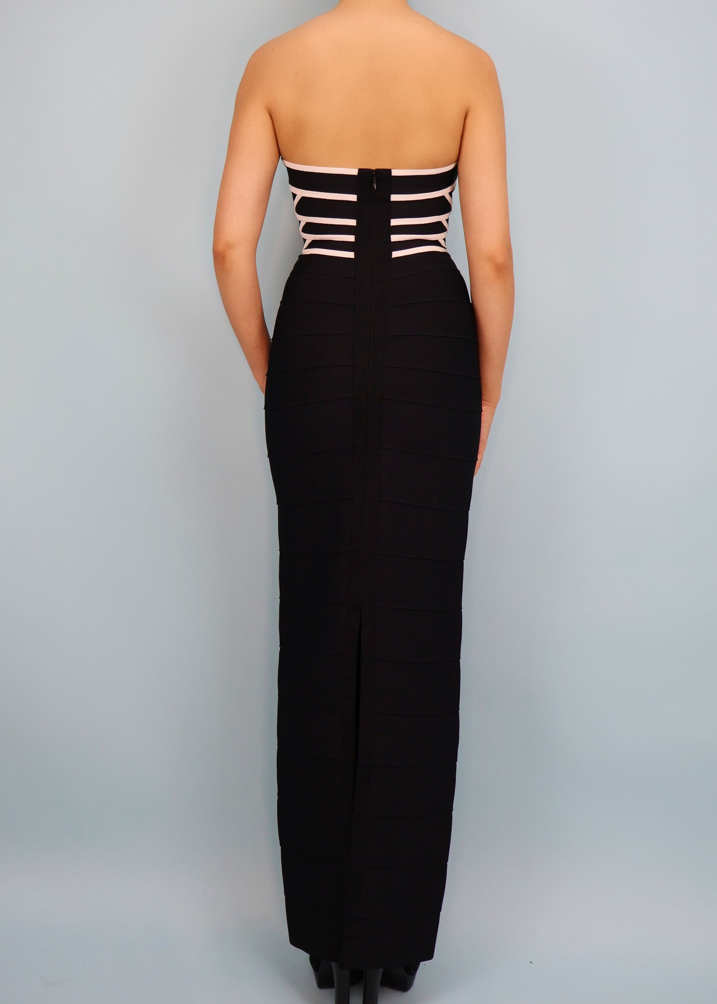 Hervé Léger Couture Spring 1997 Black & White Stripe Strapless Bandage Maxi Dress