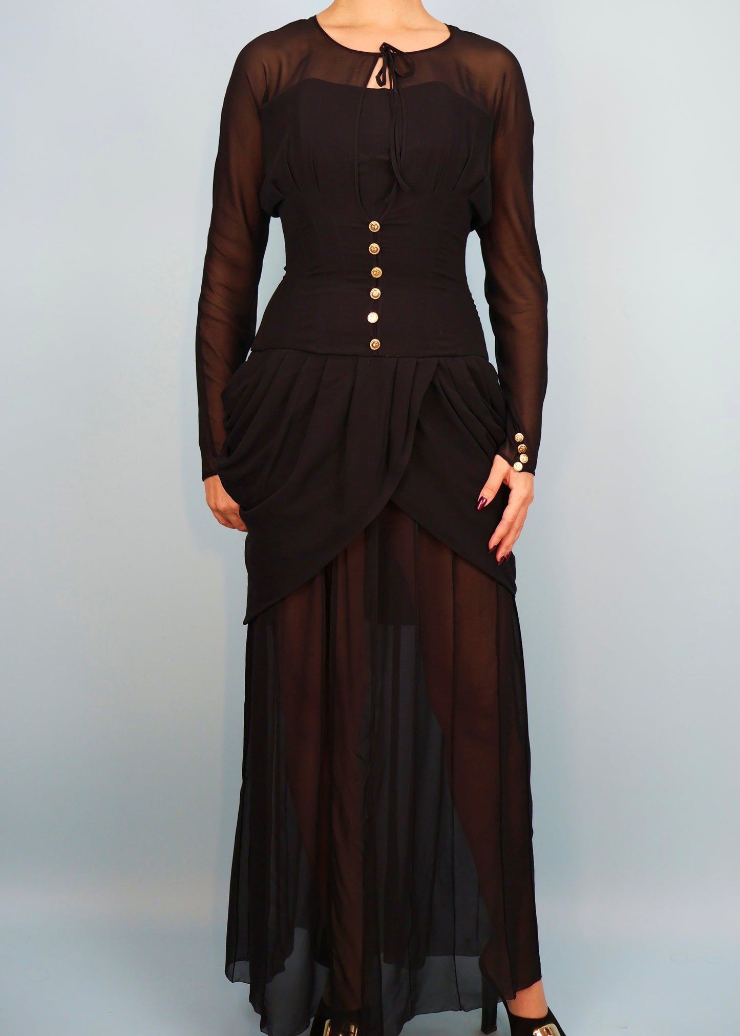 Chanel Fall 1989 Runway Black Silk Chiffon Corseted Draped Gown