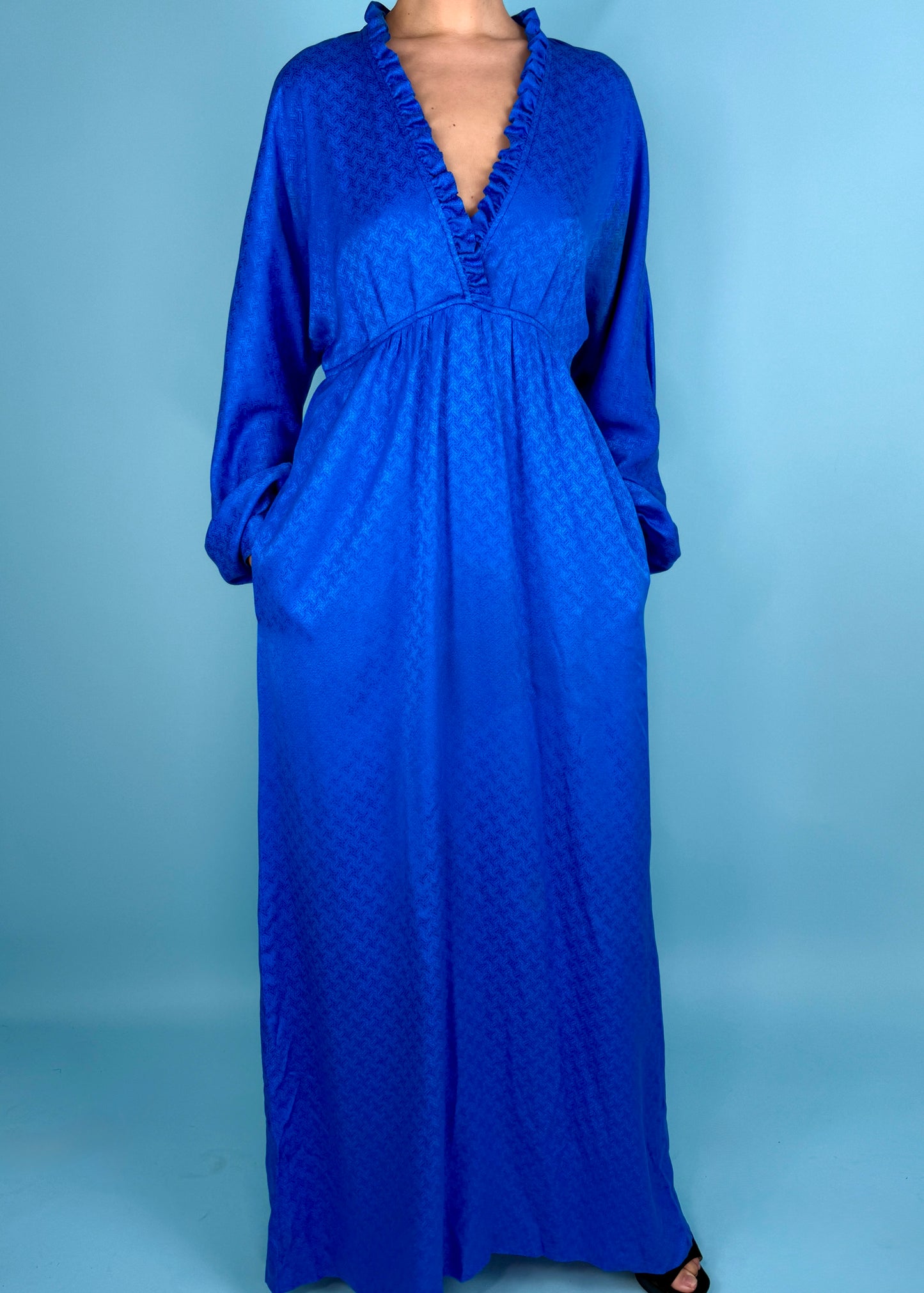 Balenciaga 1980’s Blue Monogram Silk Wide Sleeve Maxi Dress