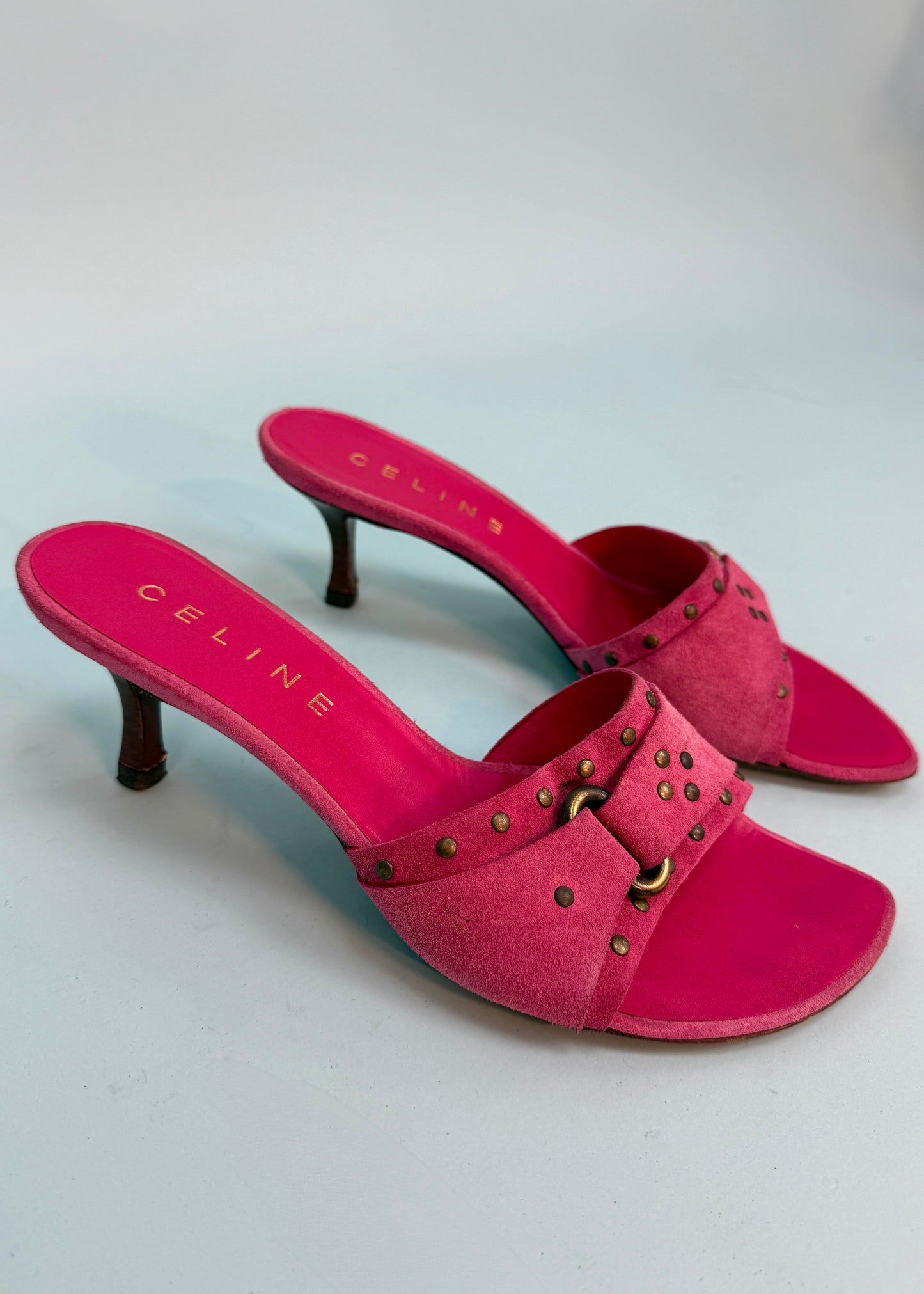 Celine Studded Pink Suede Kitten Heels