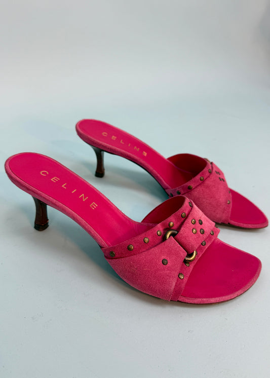Celine Studded Pink Suede Kitten Heels