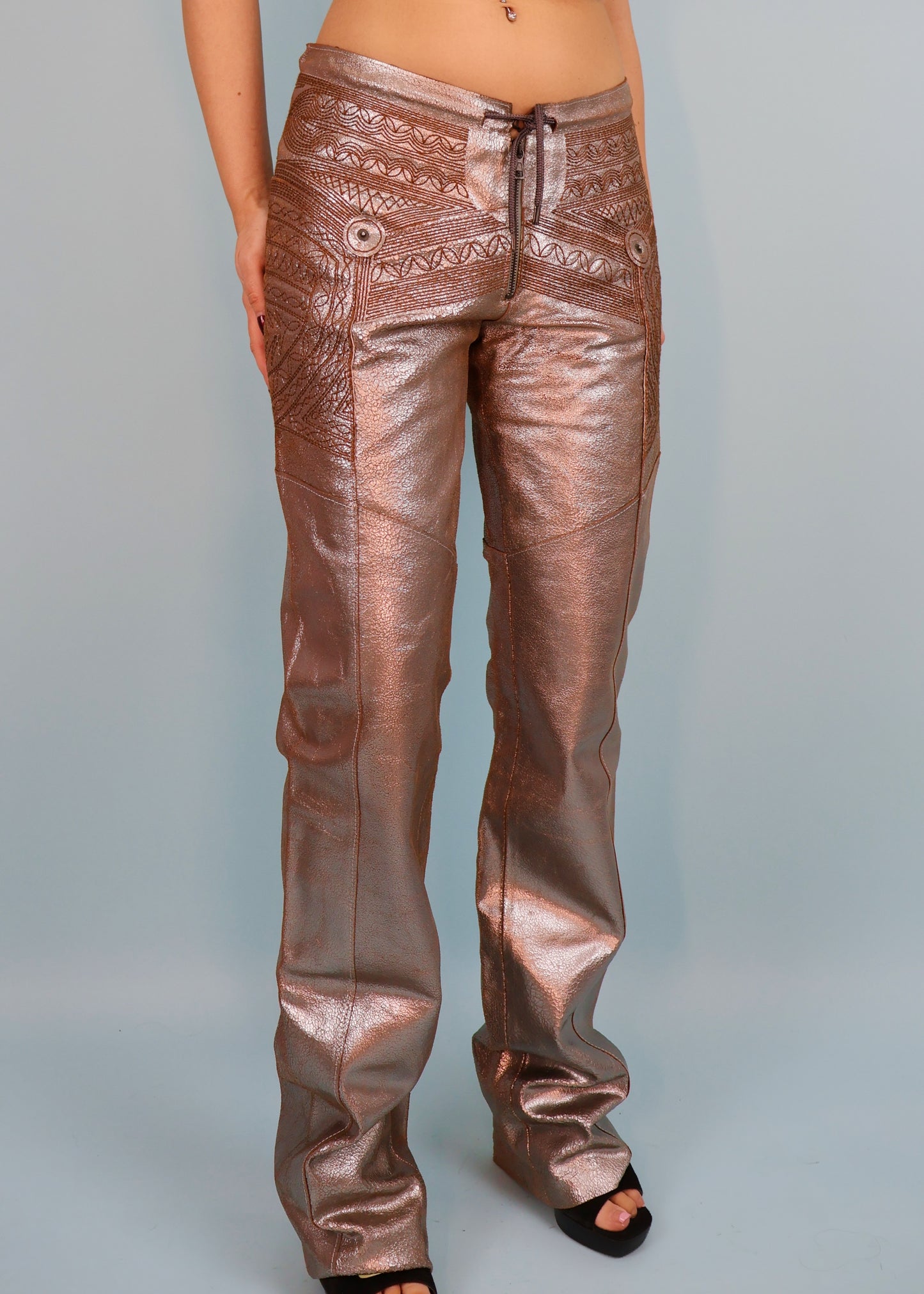 Jean Paul Gaultier Metallic Silver Leather Studded Spellout & Embroidered Pants