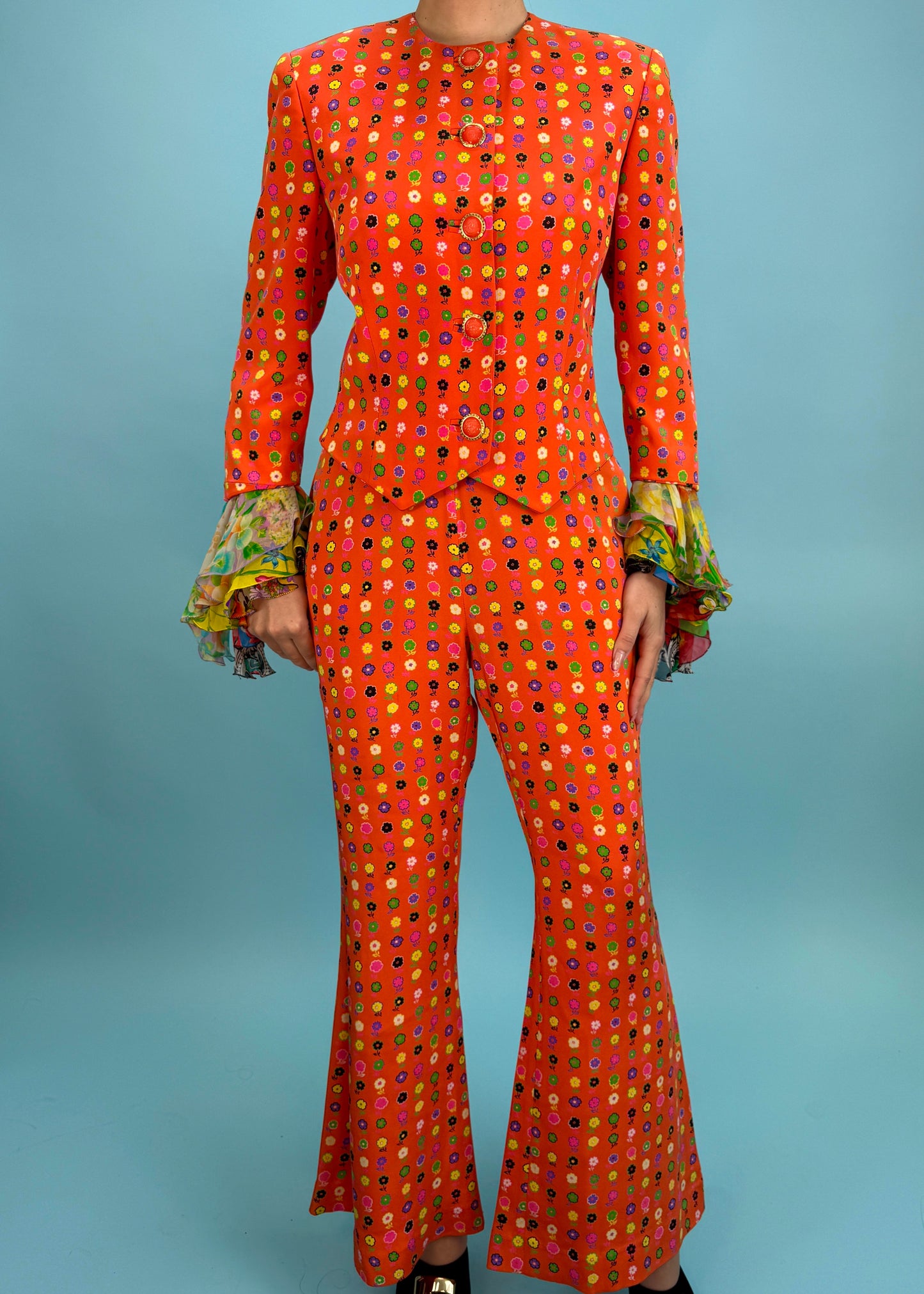 Versace Spring 1993 Runway Floral Silk Chiffon Ruffle Jacket & Flared Pants Set
