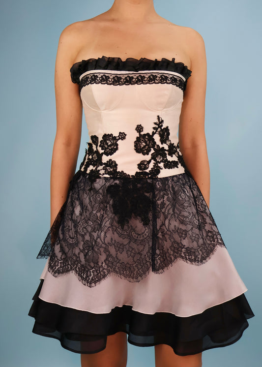 Christian Lacroix Spring 1995 Runway White Silk & Black Lace Mini Dress