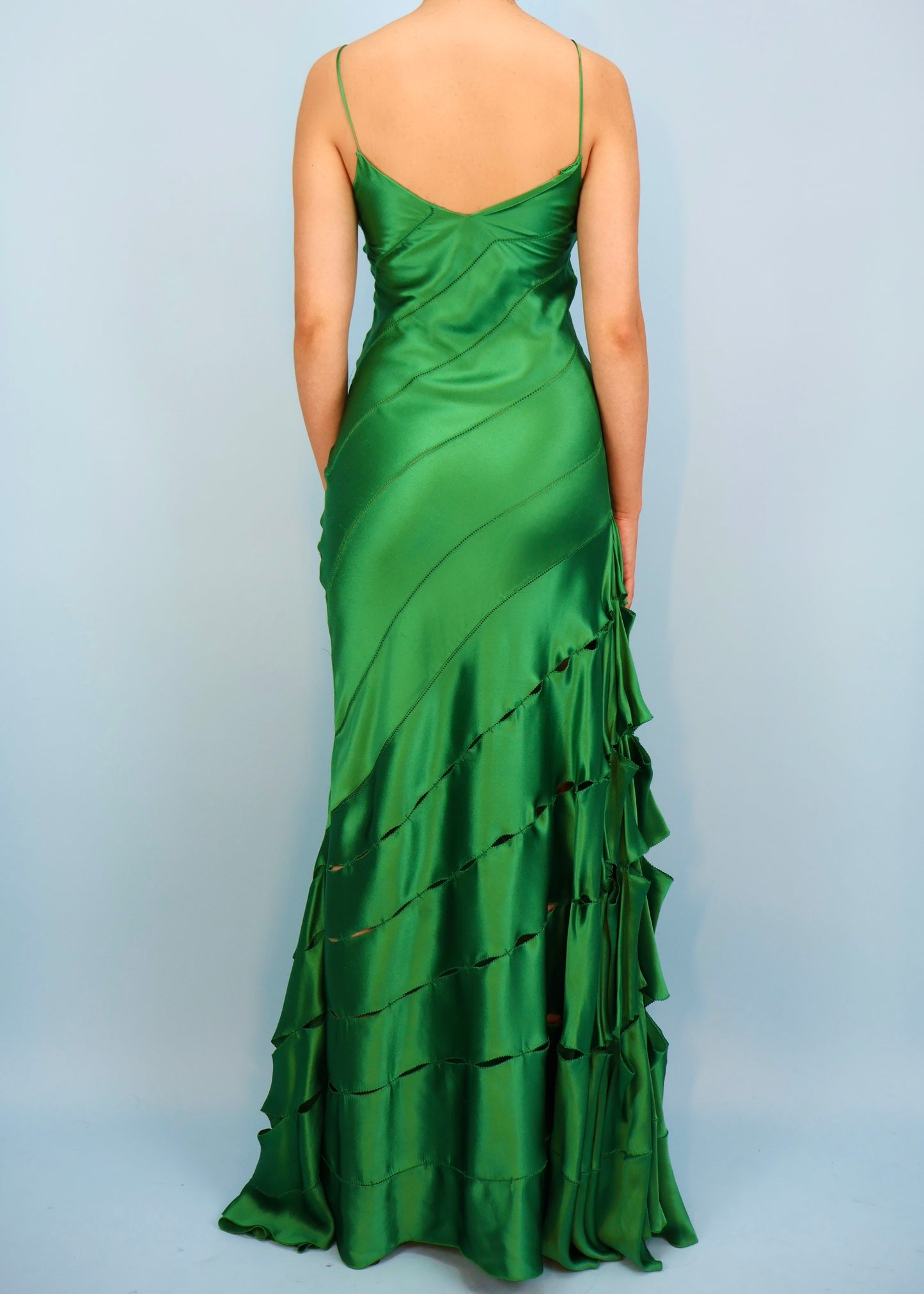 Roberto Cavalli Green Silk Satin Cut Out Gown