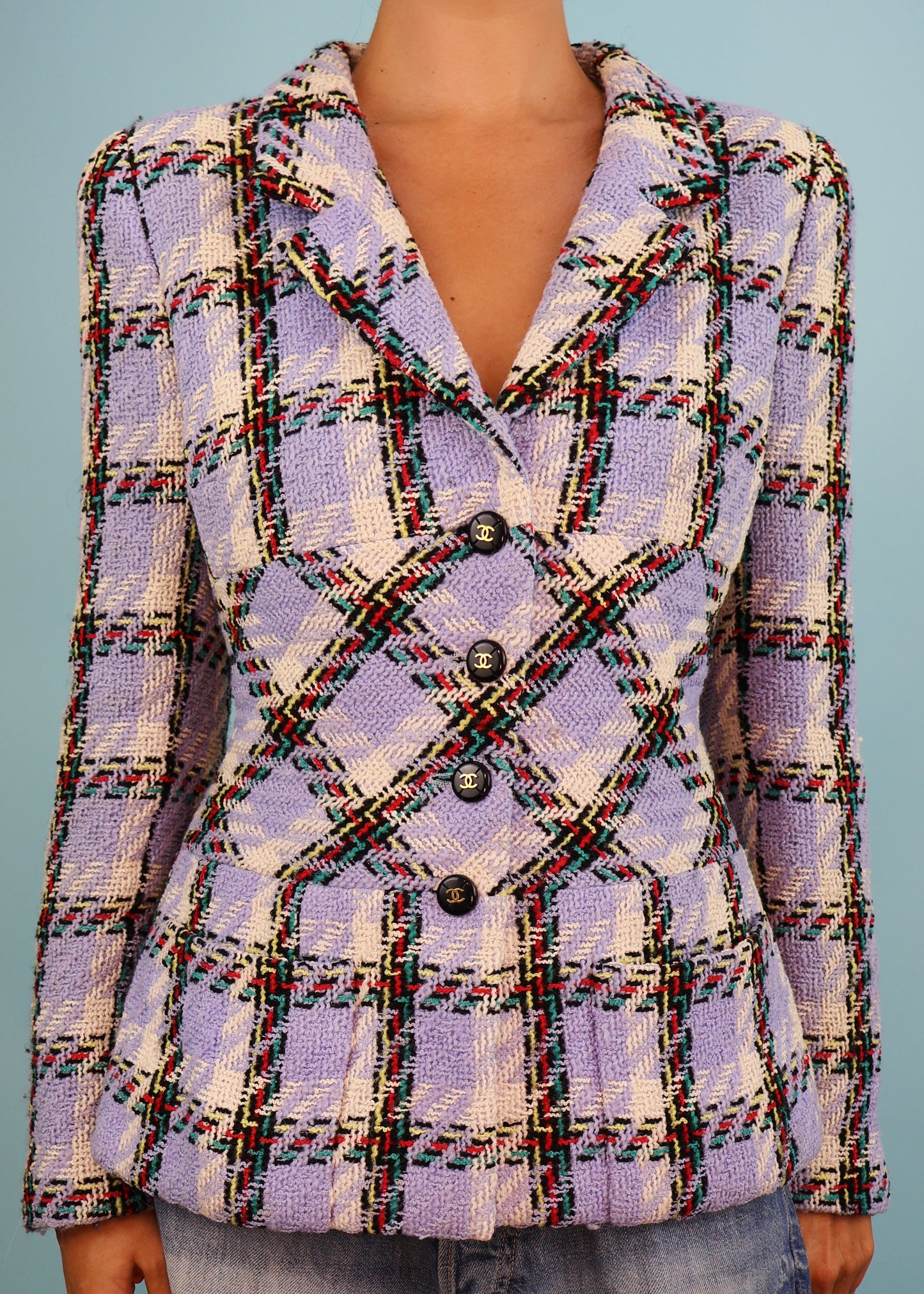 Chanel Spring 1995 Runway Lavender Blue Purple Plaid Tweed Jacket