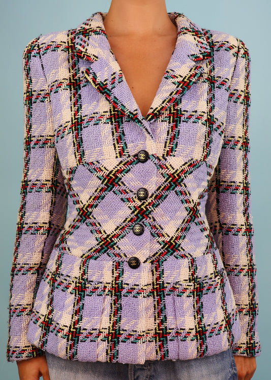 Chanel Spring 1995 Runway Lavender Blue Purple Plaid Tweed Jacket
