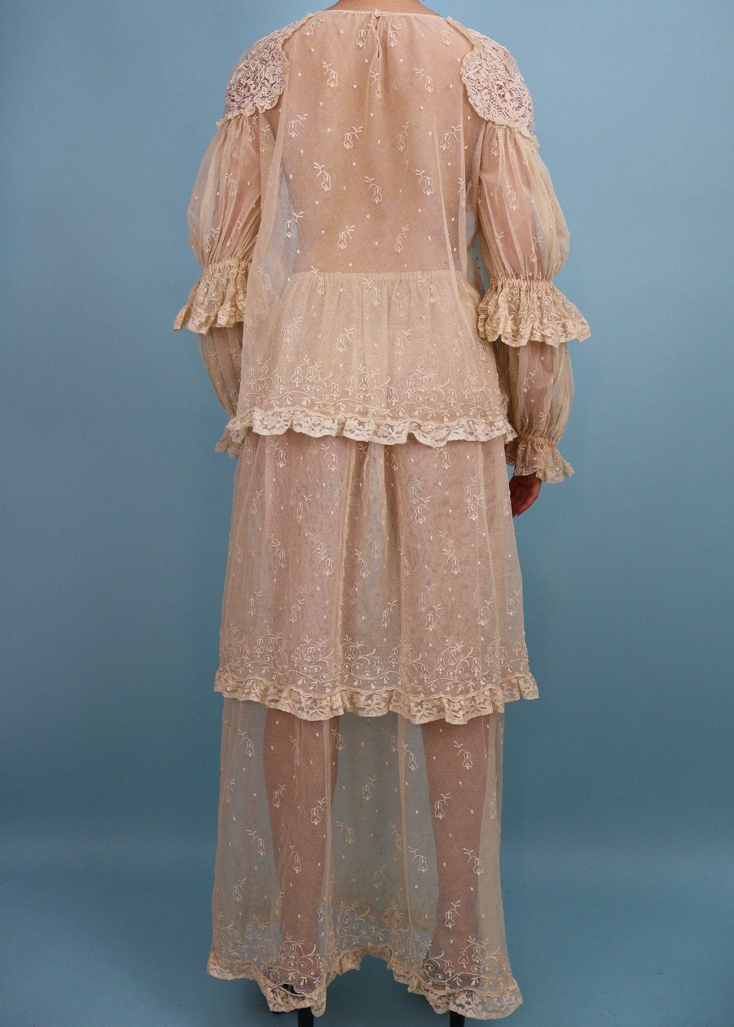 Chloé Spring 1978 Runway Cream Embroidered Lace Blouse, Tiered Skirt & Slip Dress Set