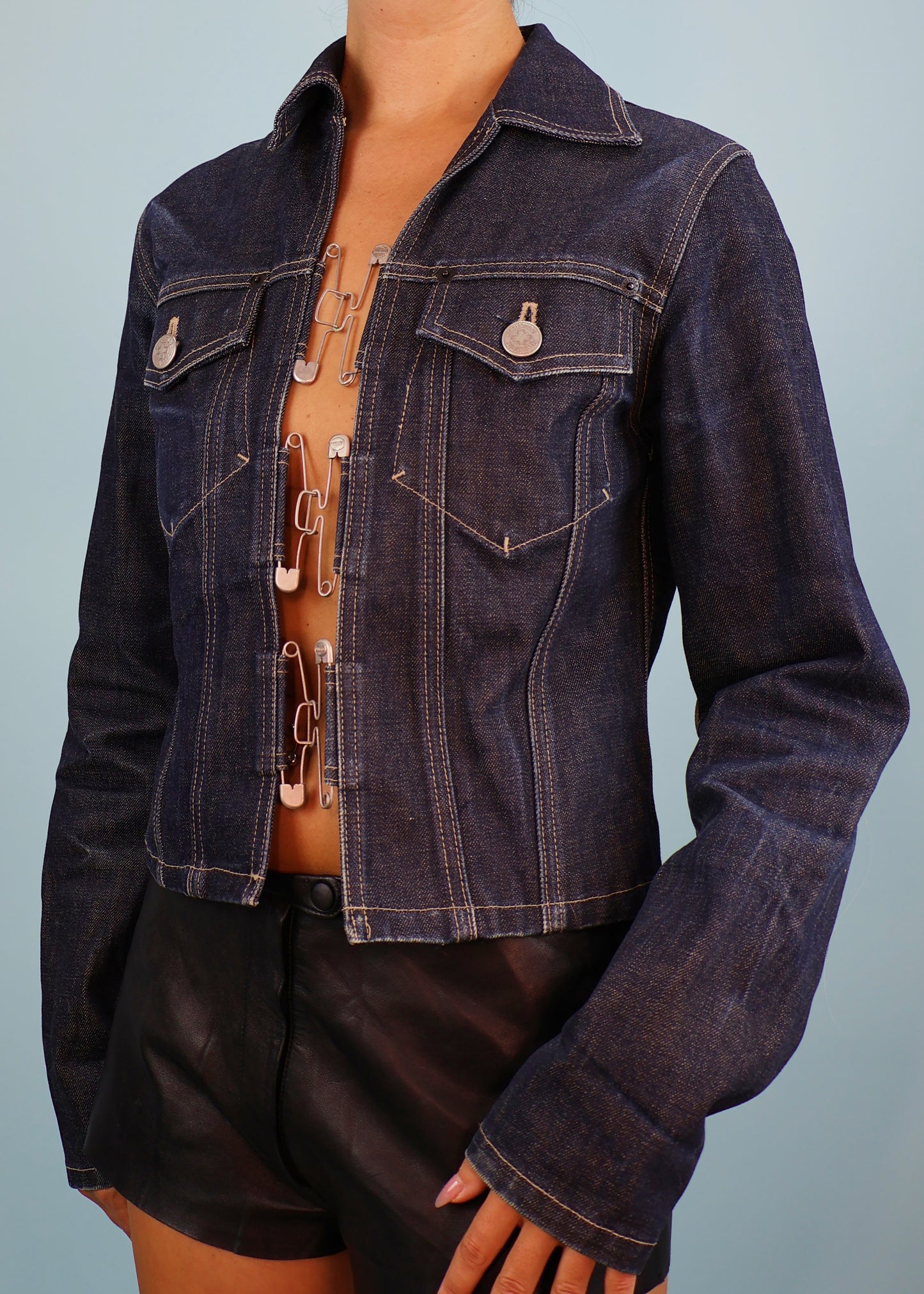 Jean Paul Gaultier Spring 1998 Safety Pin Clasp Denim Jacket