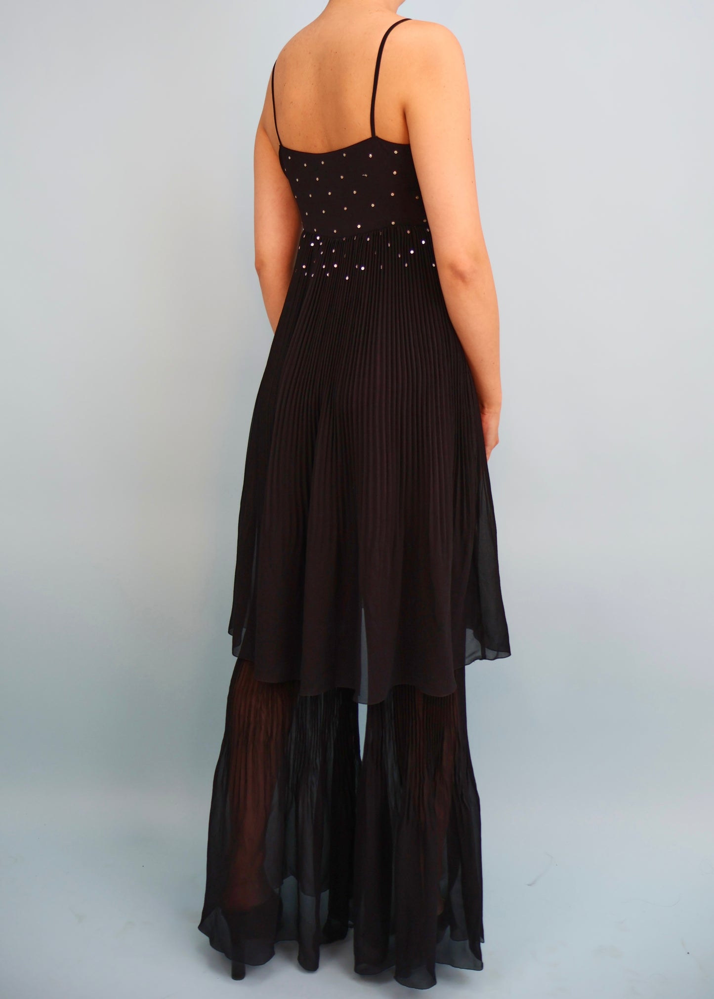 Chanel Fall 2000 Runway Embellished Black Silk Chiffon Jumpsuit Dress