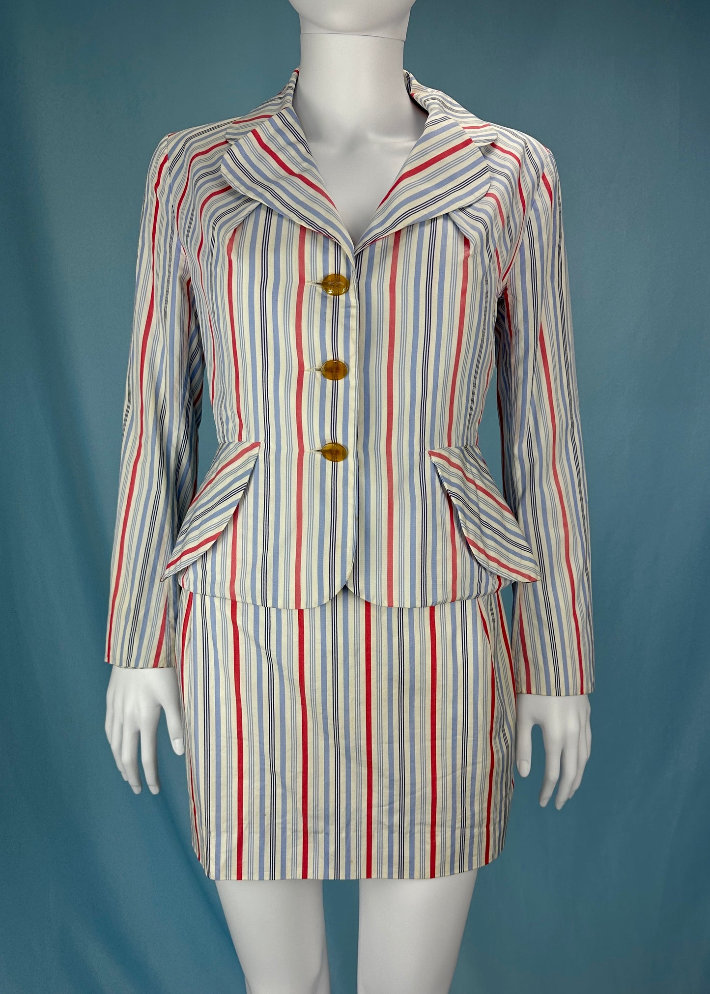 Vivienne Westwood Spring 1994 “Cafe Society” Runway Feather Bustle Striped Skirt & Jacket Suit Set