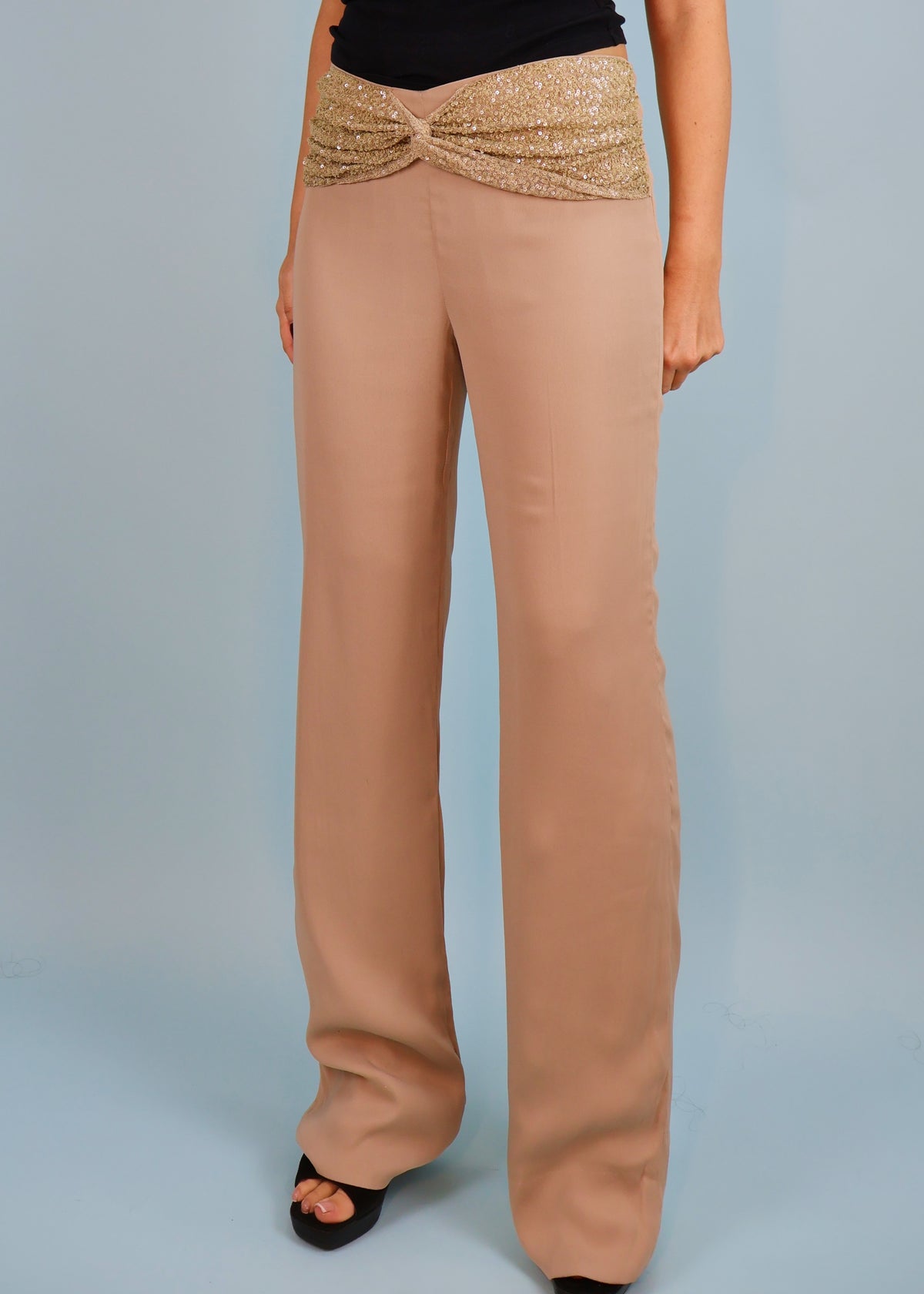 Valentino Embellished Sequin Waistband Beige Pants