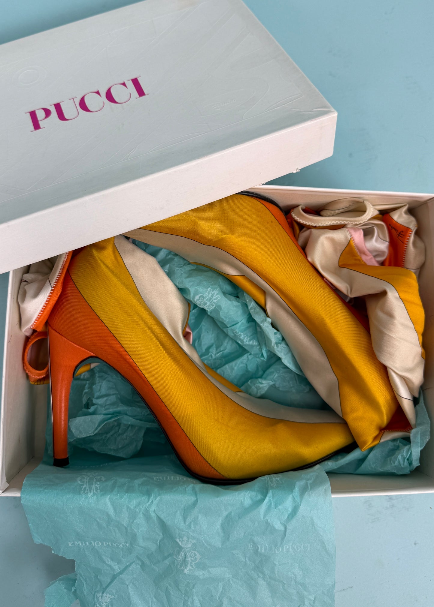 Emilio Pucci Orange & Pink Printed Sock Thigh High Boots