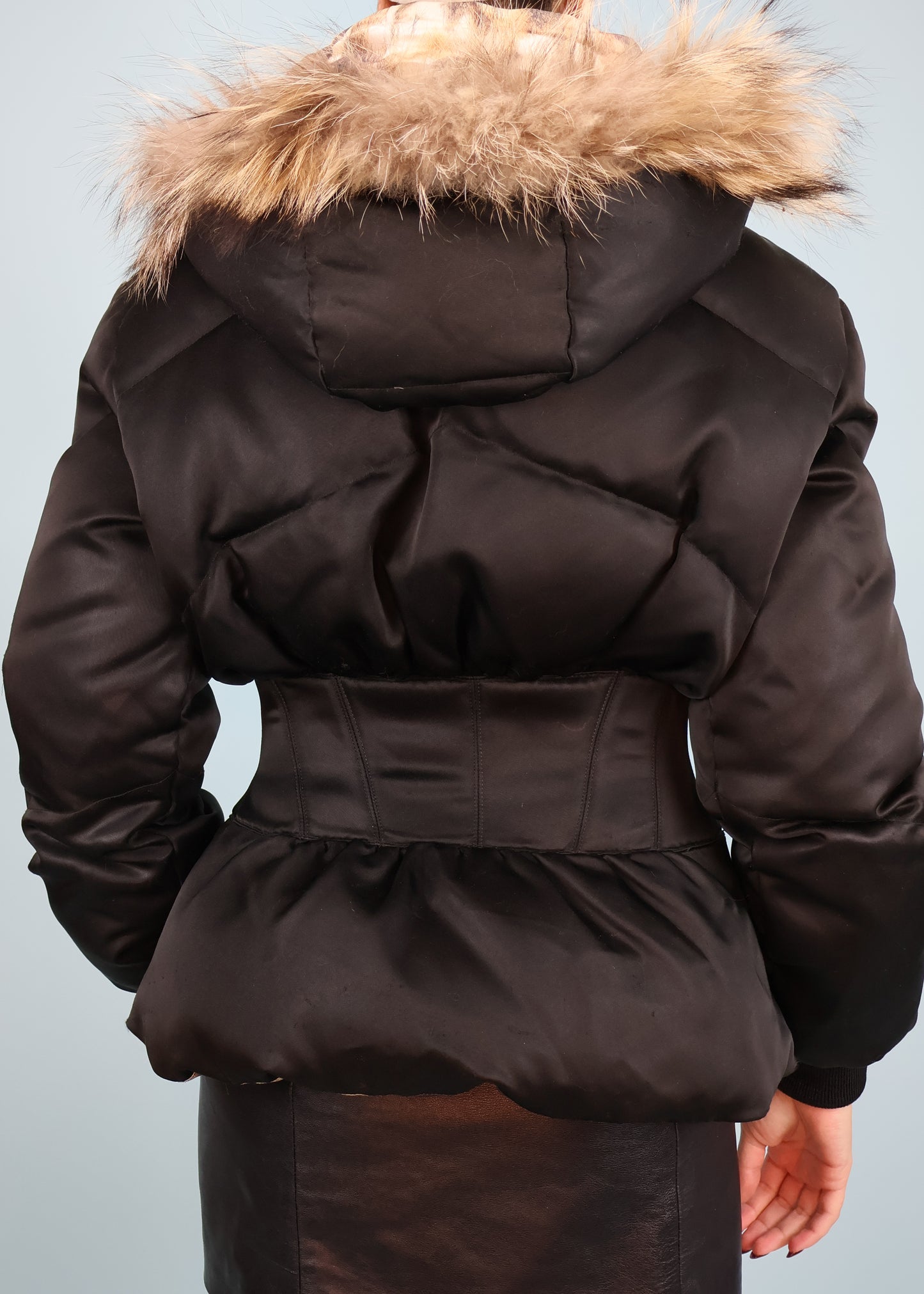 Alexander McQueen Fall 2003 Black Satin Corset & Fur Hood Puffer Jacket
