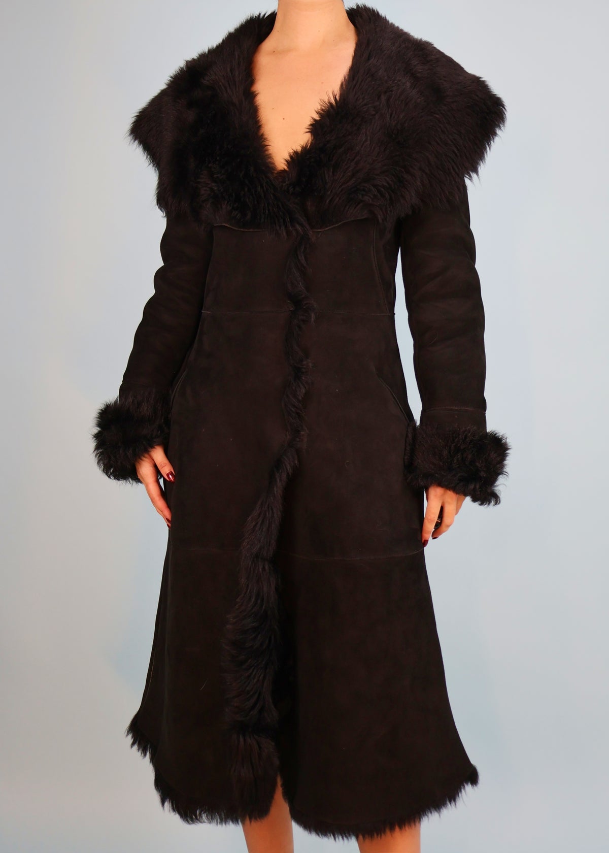 Alexander McQueen Black Suede & Shearling Oversized Collar Coat
