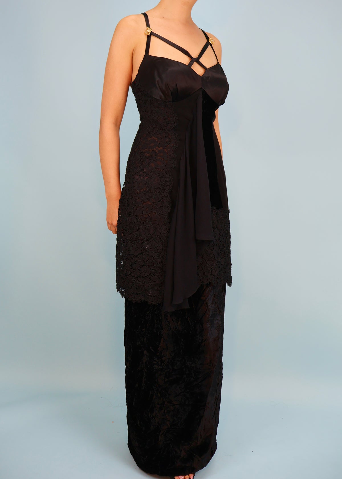 Christian Lacroix Fall 1994 Black Lace & Velvet Embellished Crossover Strap Gown