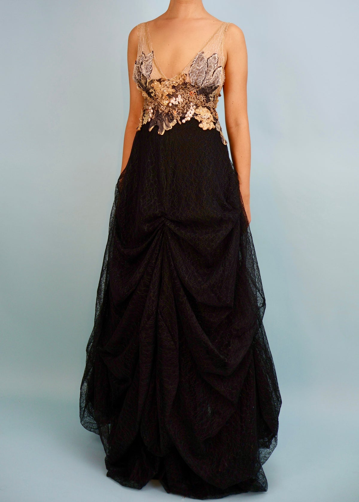 Ema Savahl Couture Hand Painted Floral & Black Lace Gown