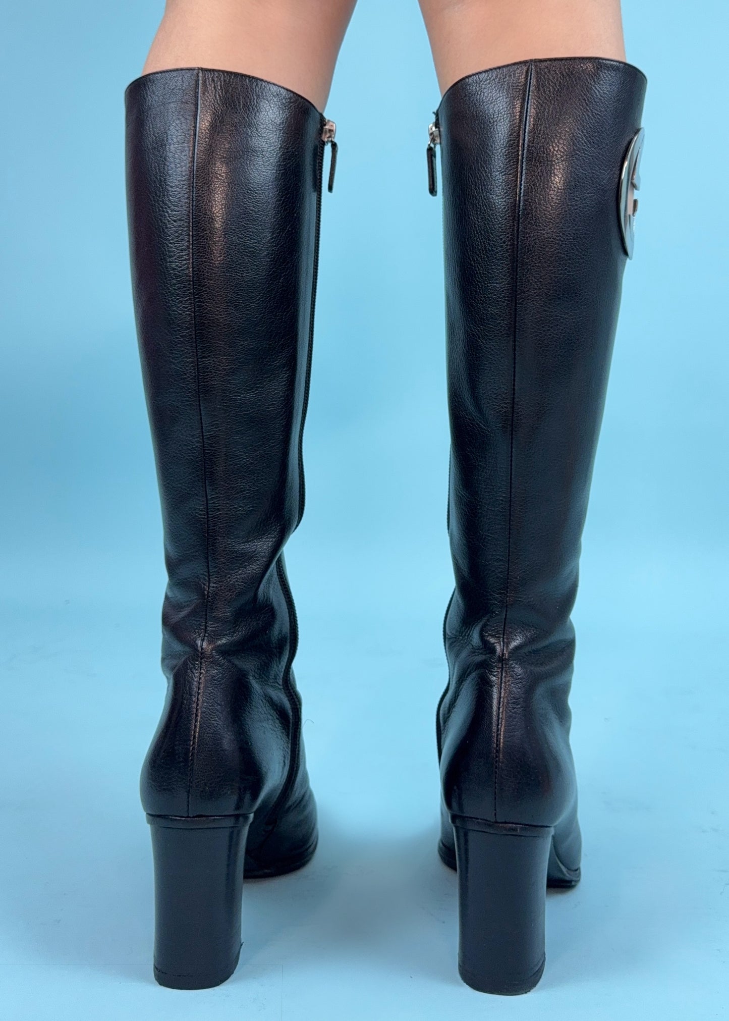 Gucci Black Leather Metal GG Monogram Boots