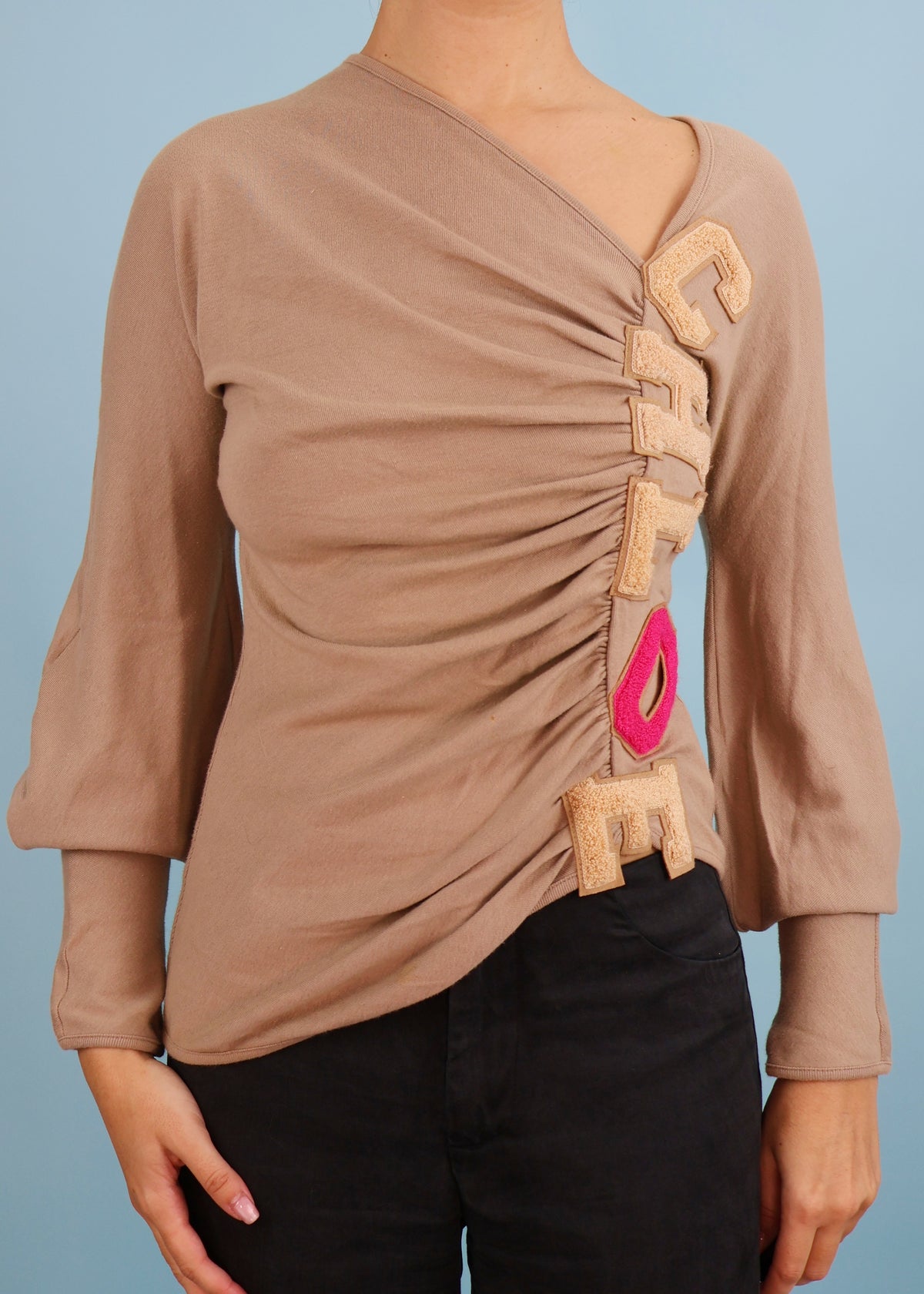 Chloé Fall 2001 Beige "CHLOE" Appliqué Asymmetric Top