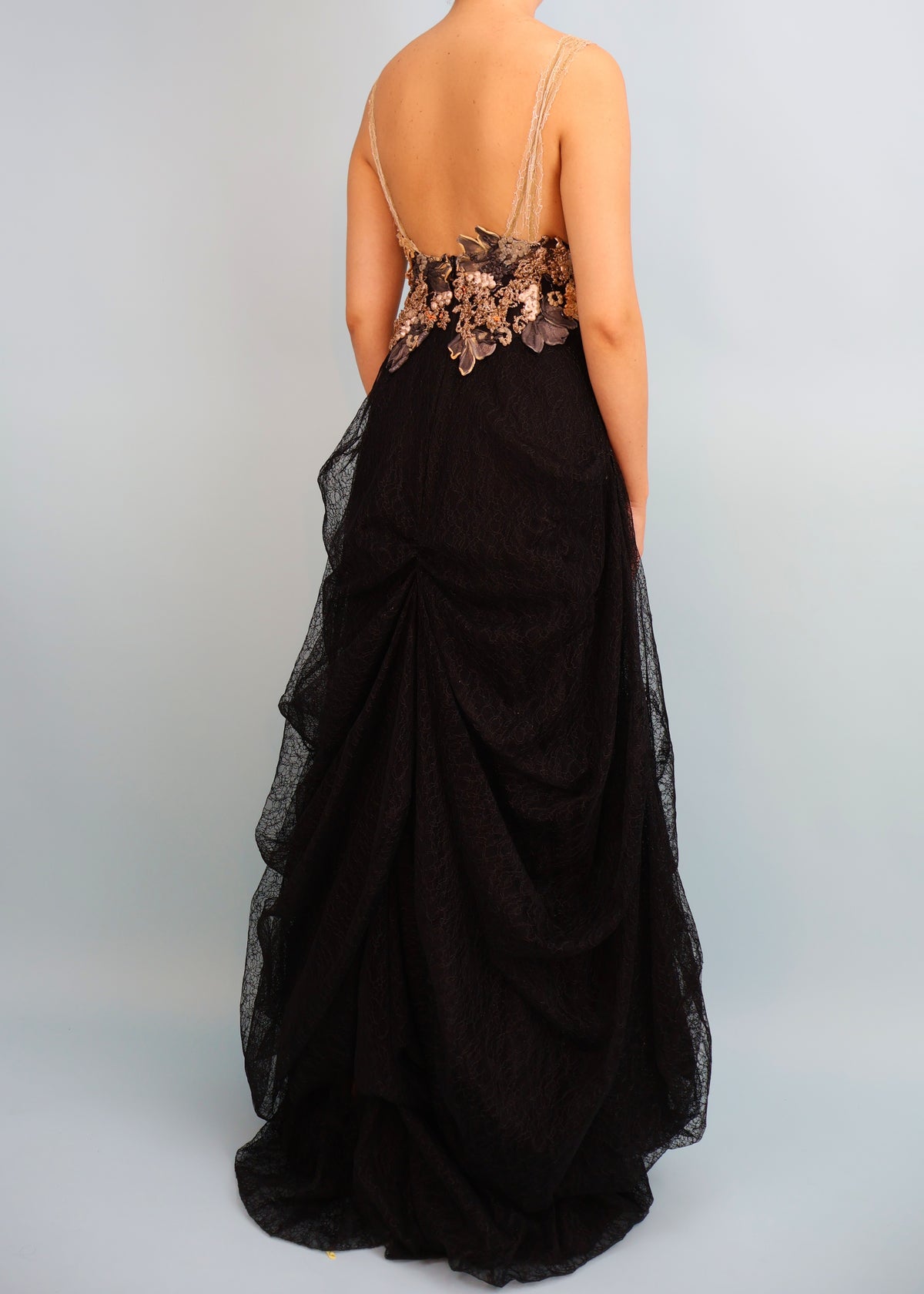 Ema Savahl Couture Hand Painted Floral & Black Lace Gown