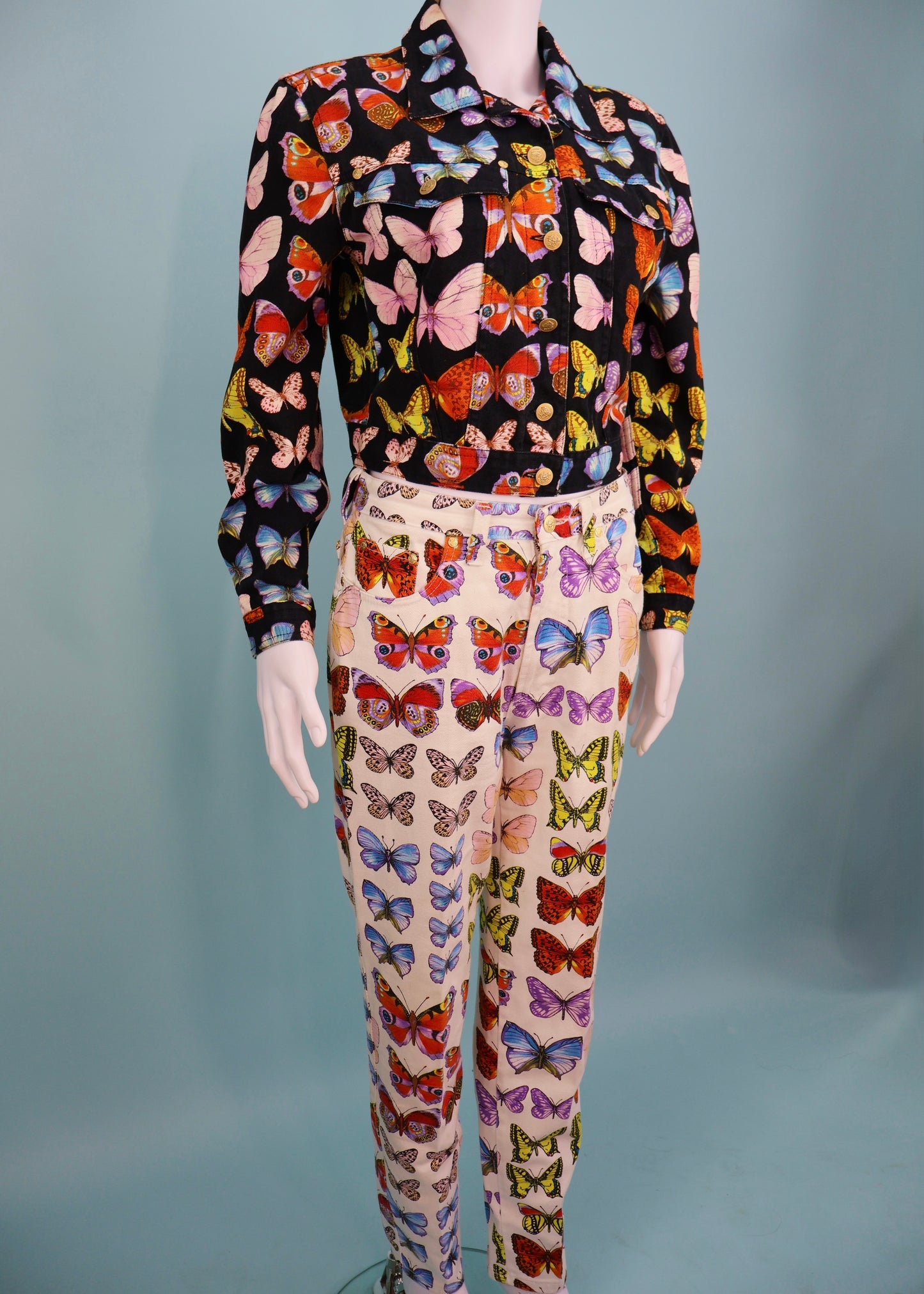 Versace Spring 1995 Butterfly Print Denim Jacket & Jeans Set