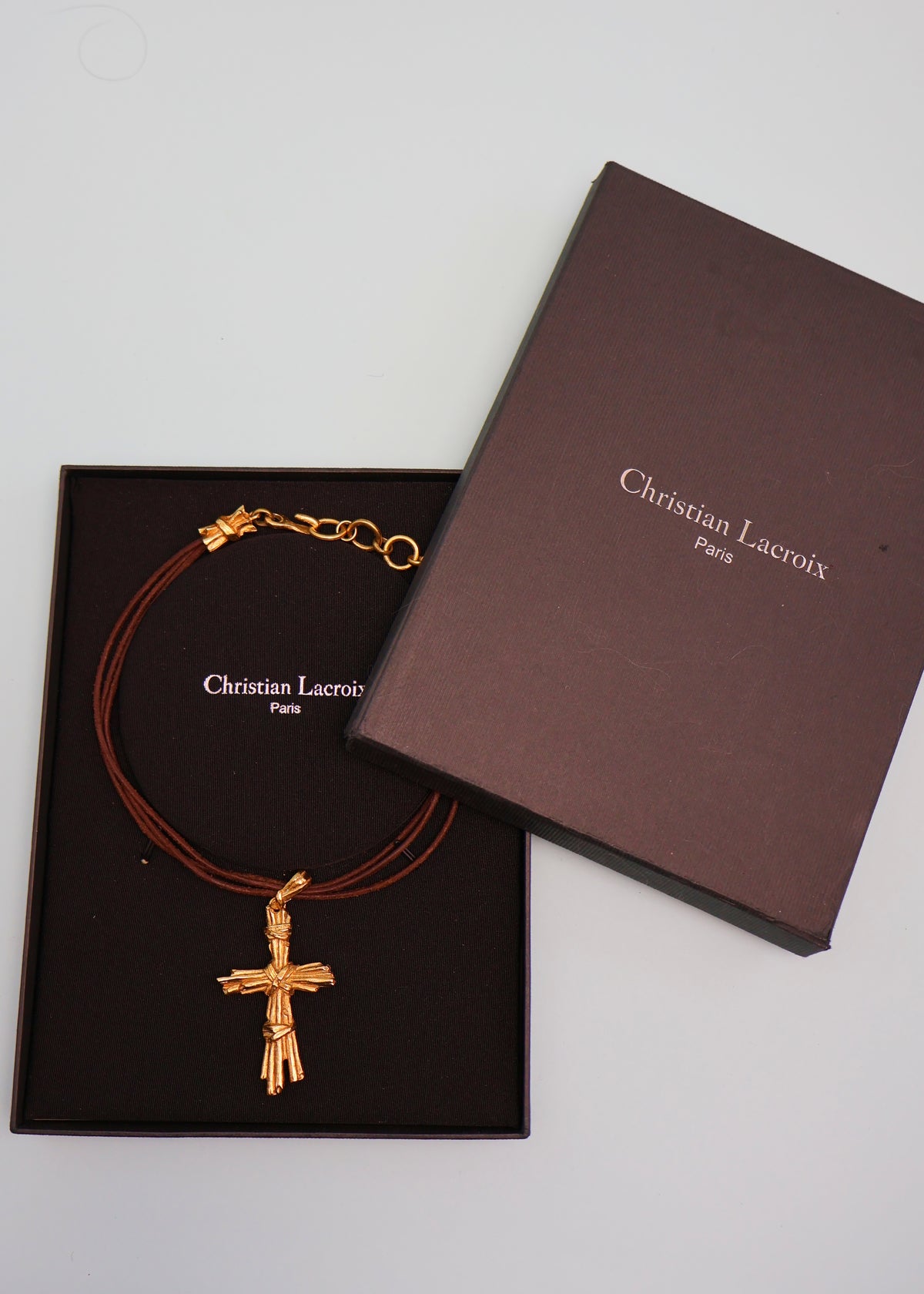Christian Lacroix 1990s Gold Cross & Leather Cord Necklace