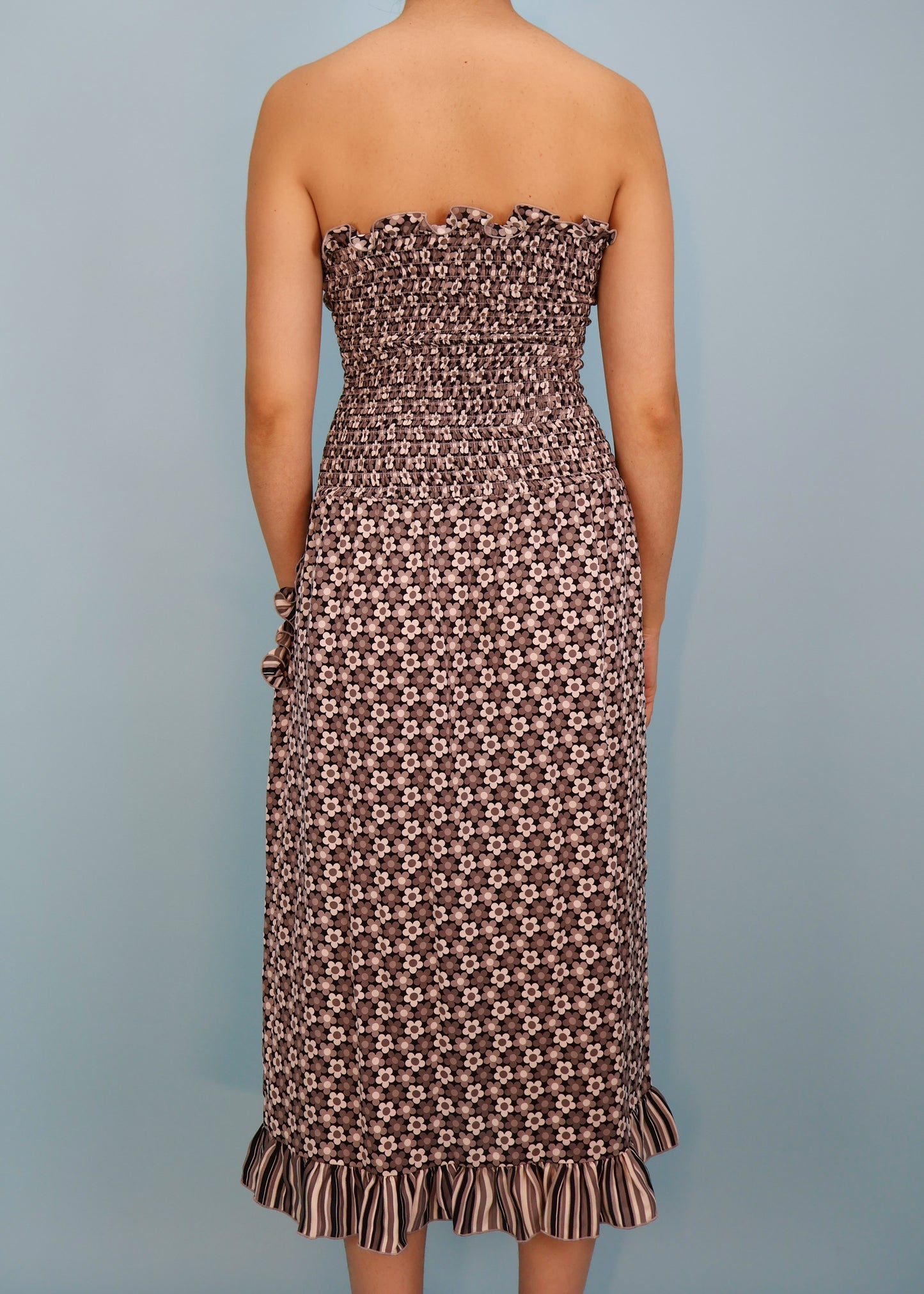 Celine Spring 2002 Floral Silk Shirred Strapless Dress