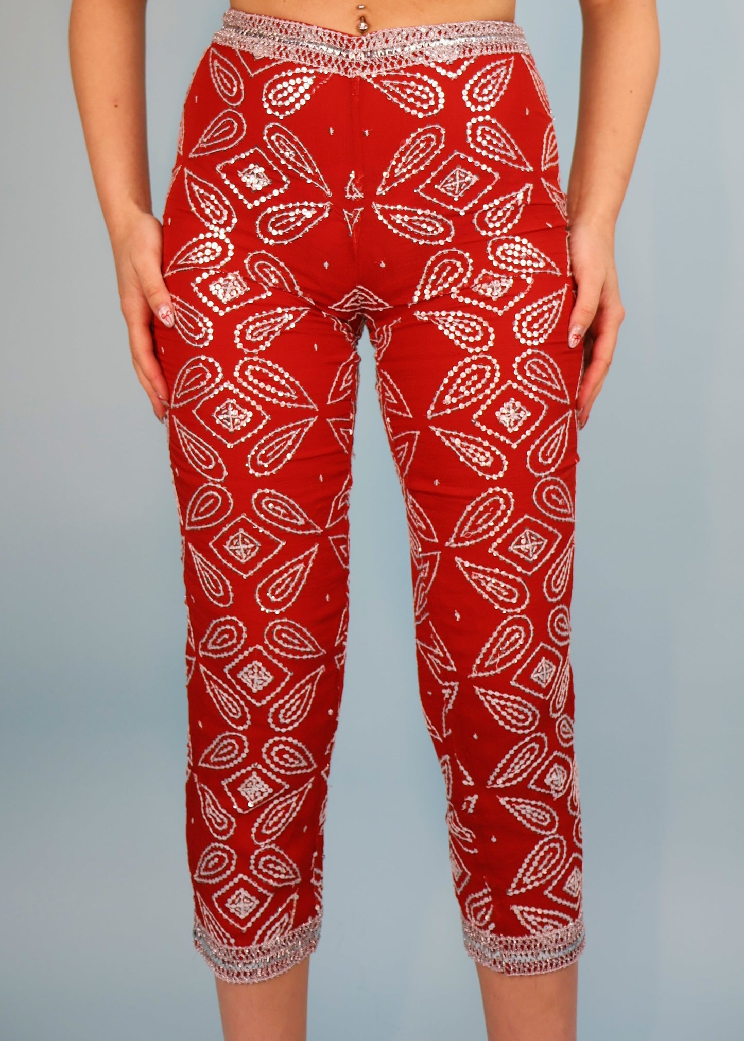 Blumarine Spring 2000 Runway Red Embellished Silk Capri Pants