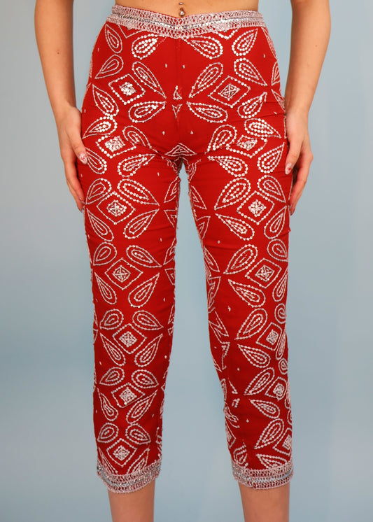 Blumarine Spring 2000 Runway Red Embellished Silk Capri Pants