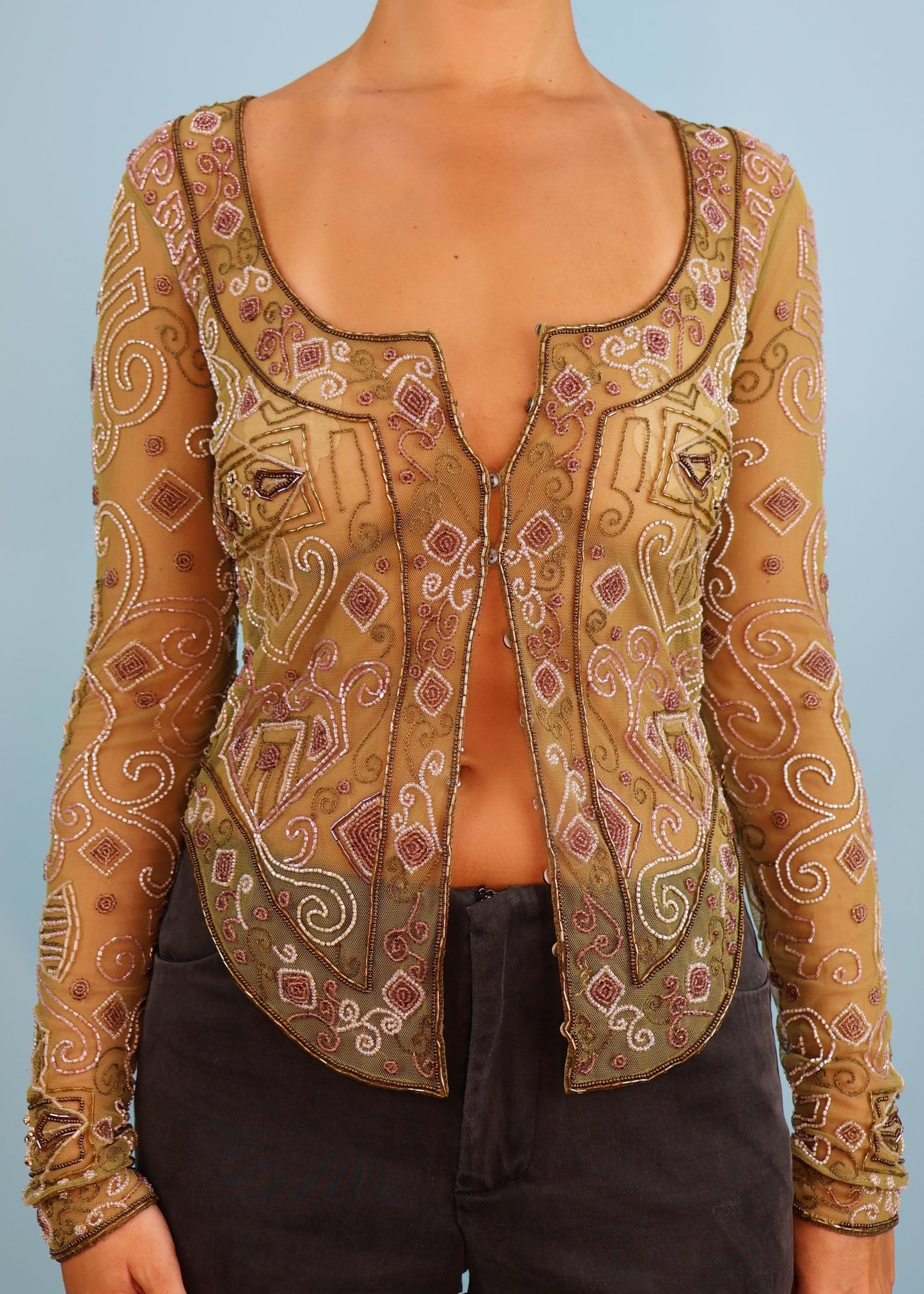 Chloé Fall 2000 Runway Bead Embellished Mesh Cardigan Top