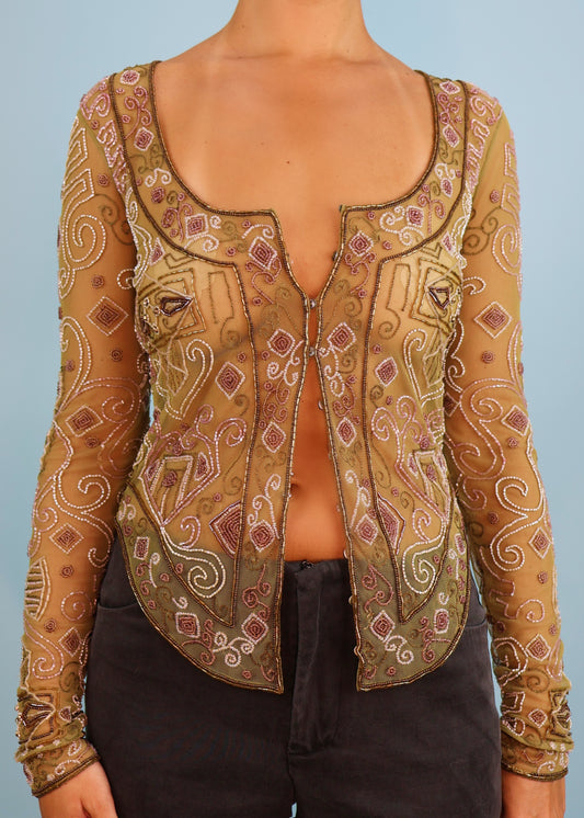 Chloé Fall 2000 Runway Bead Embellished Mesh Cardigan Top