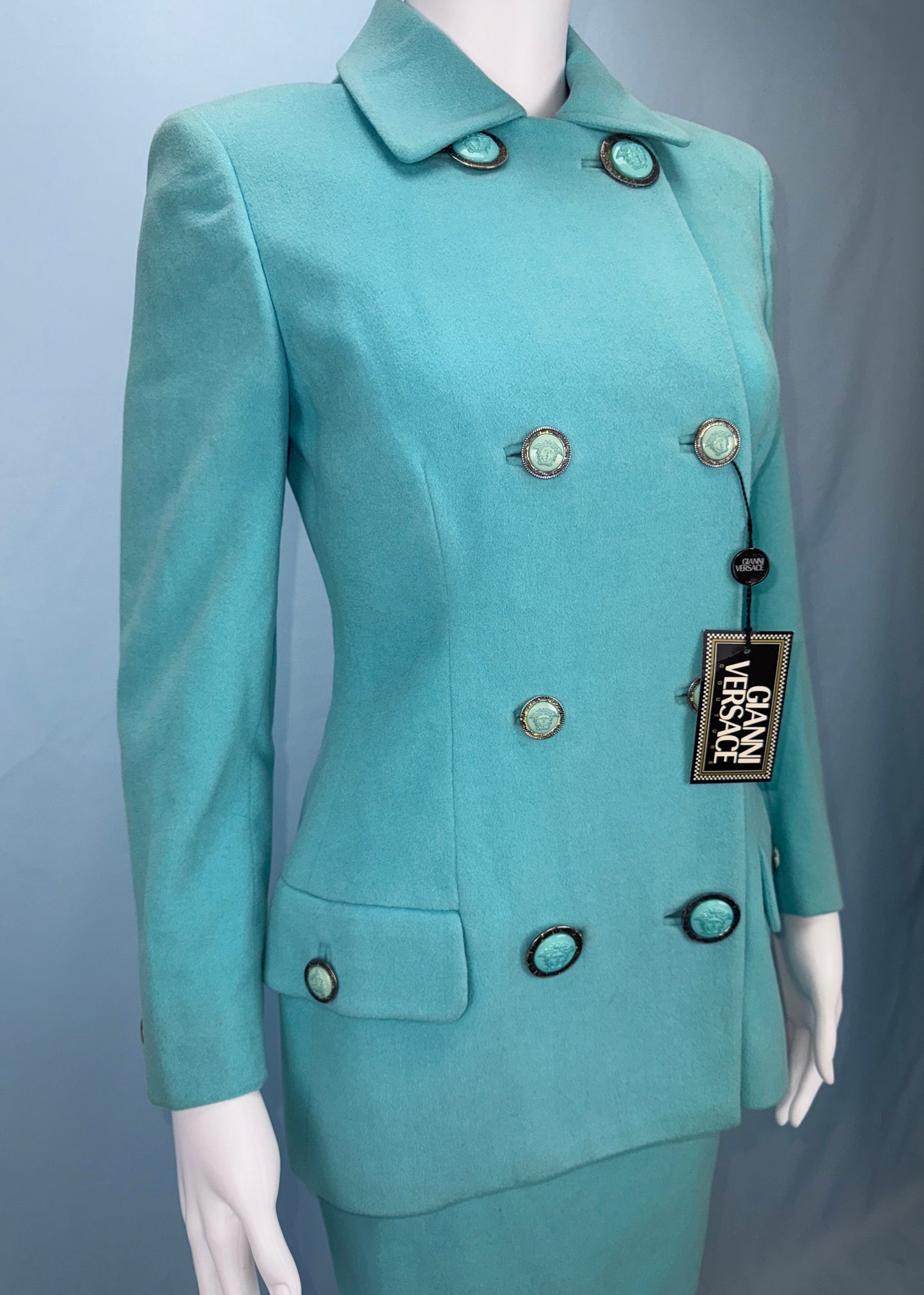 Versace Blue Medusa Button Jacket & Skirt Suit Set